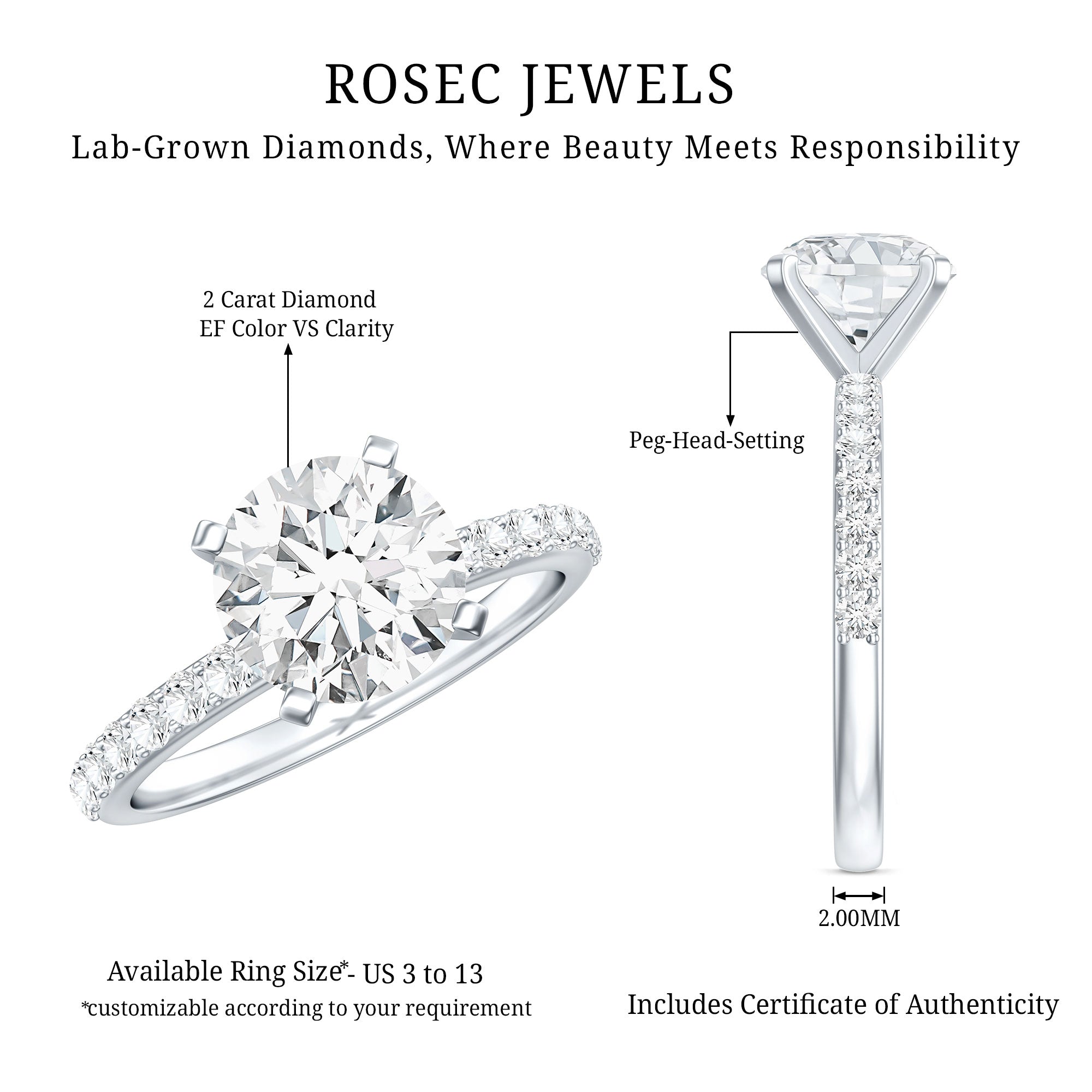 Solitaire 2 Carat Lab Grown Diamond Engagement Ring with IGI Certificate Lab - ( E-VS1 ) - Rosec Jewels