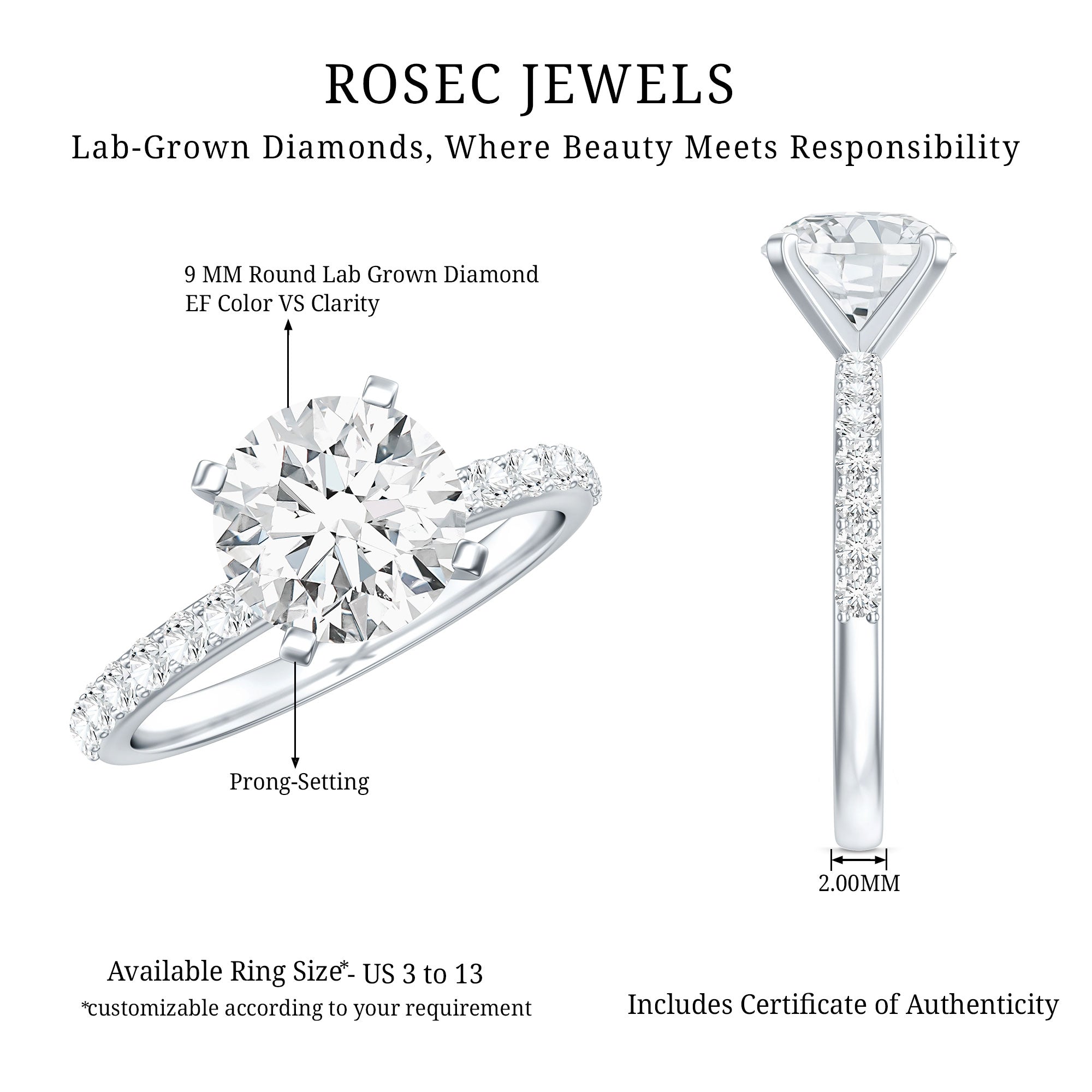 IGI Certified 3 Carat Lab Grown Diamond Statement Ring for Women Lab - ( E-VS1 ) - Rosec Jewels