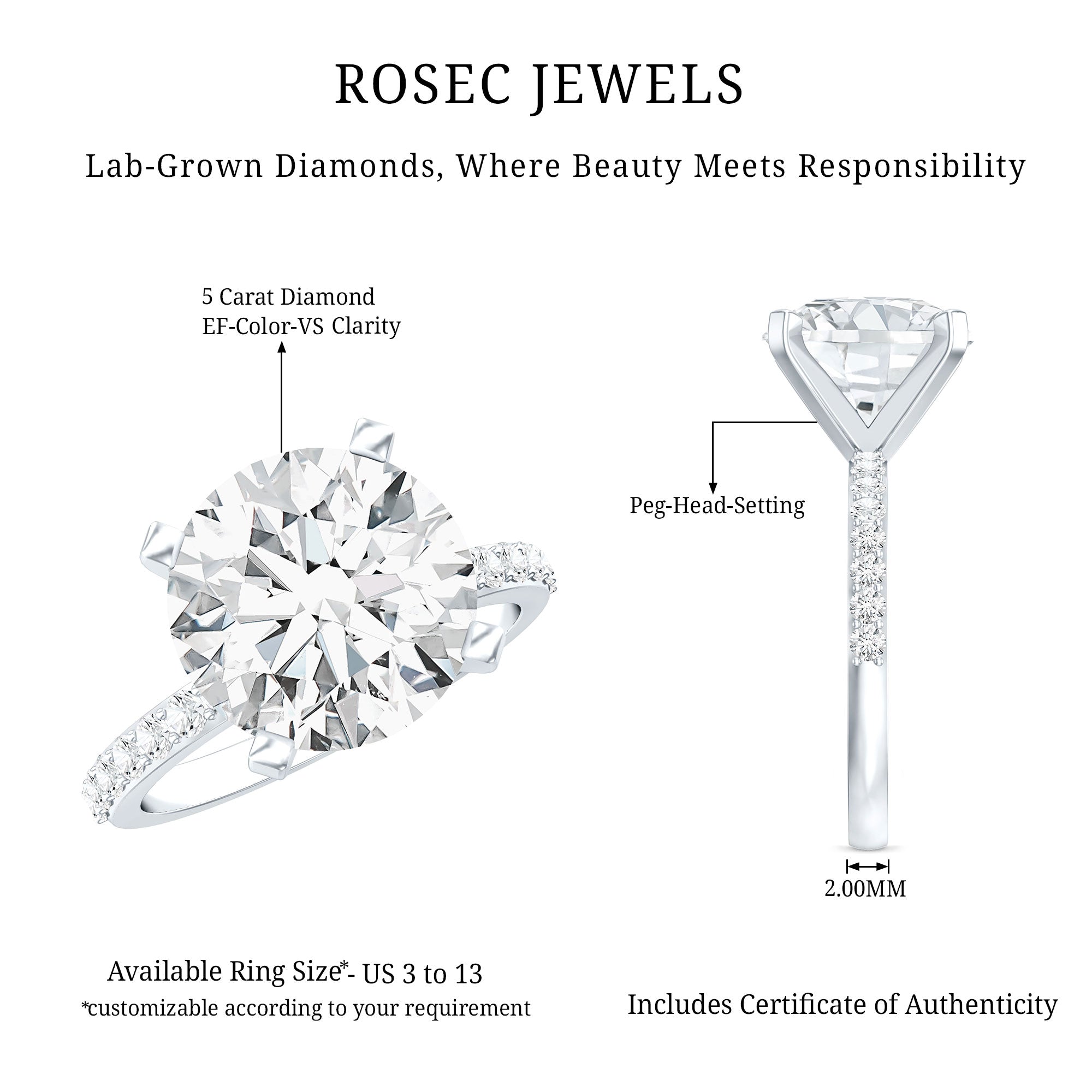 5 Carat Lab Grown IGI Certified Diamond Huge Engagement Ring Lab - ( E-VS1 ) - Rosec Jewels