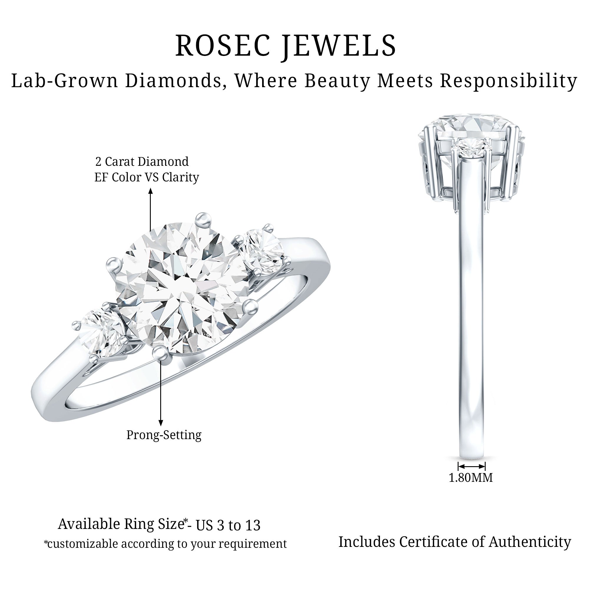IGI Certified Round Cut Lab Grown Diamond 2 Carat Engagement Ring Lab - ( E-VS1 ) - Rosec Jewels