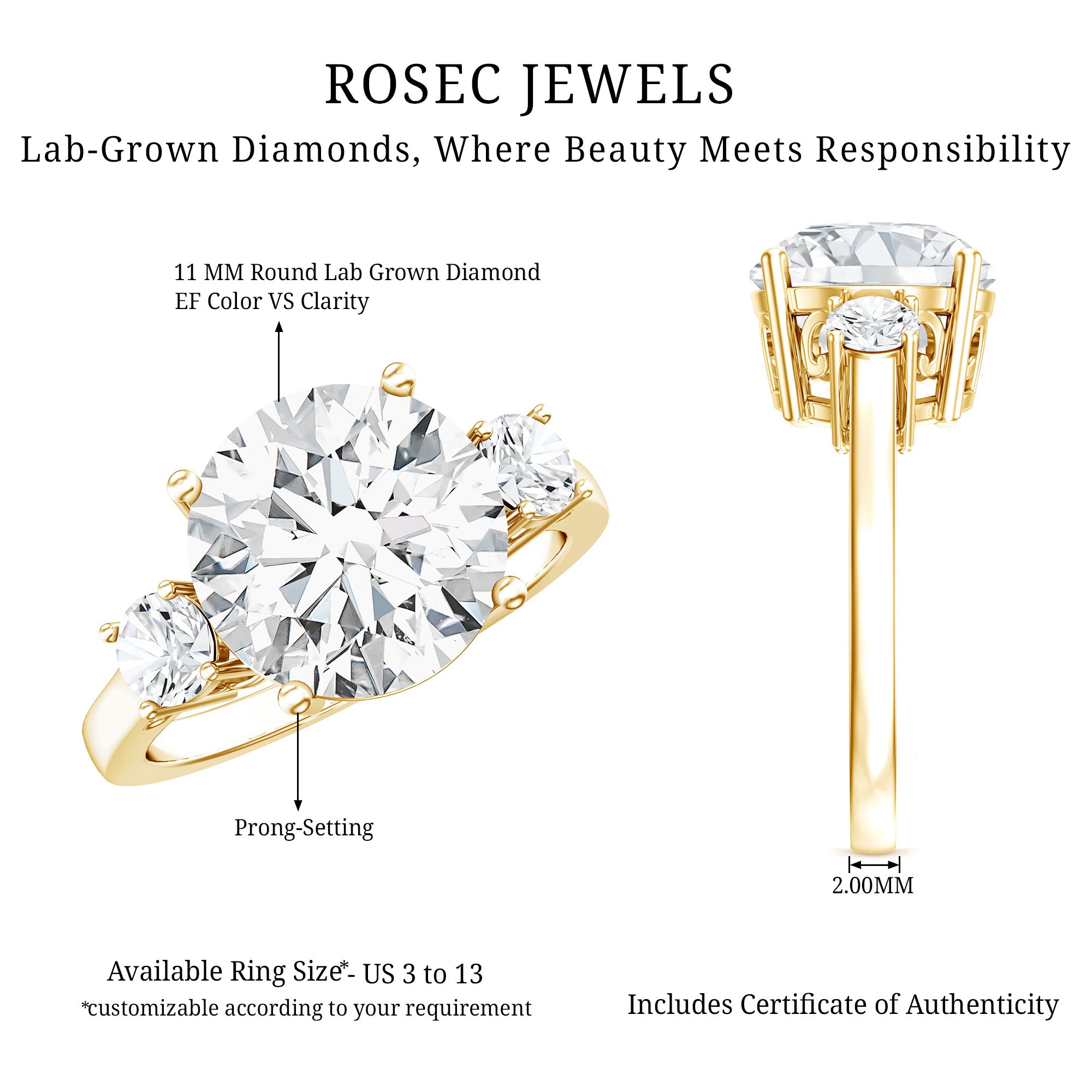 5 Carat Lab Grown Diamond 3 Stone Engagement Ring with IGI Certificate Lab - ( E-VS1 ) - Rosec Jewels