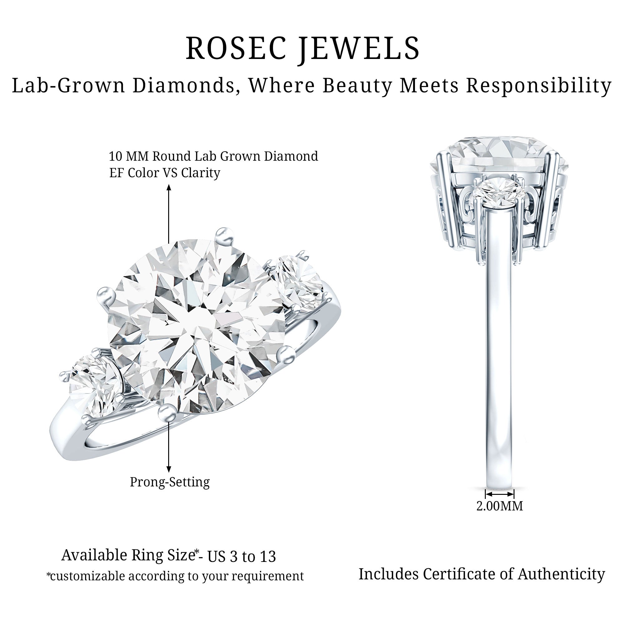Lab Grown Diamond 3 Stone Engagement Ring With IGI Certificate Lab - ( E-VS1 ) - Rosec Jewels