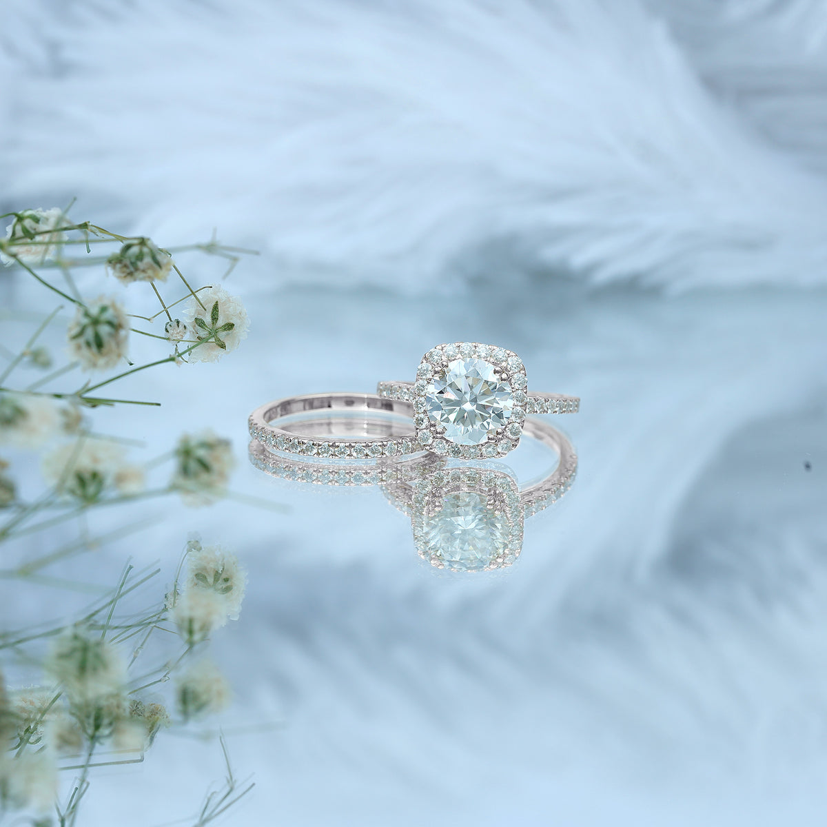 Round Certified Moissanite Wedding Ring Set with Halo D-VS1 - Rosec Jewels