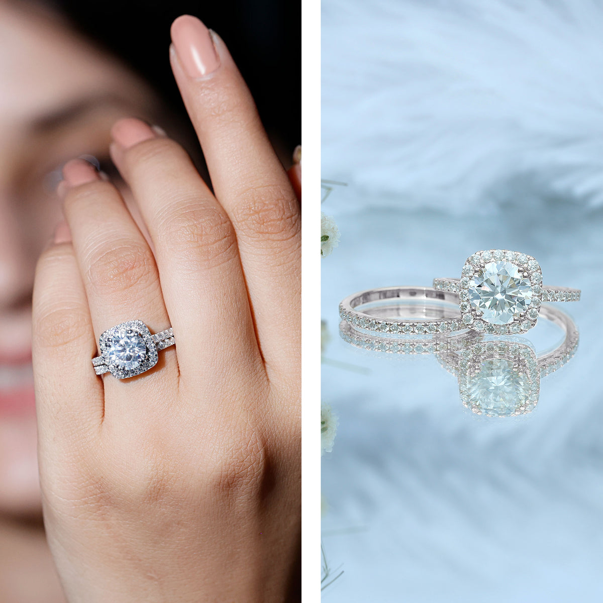 Round Certified Moissanite Wedding Ring Set with Halo D-VS1 - Rosec Jewels