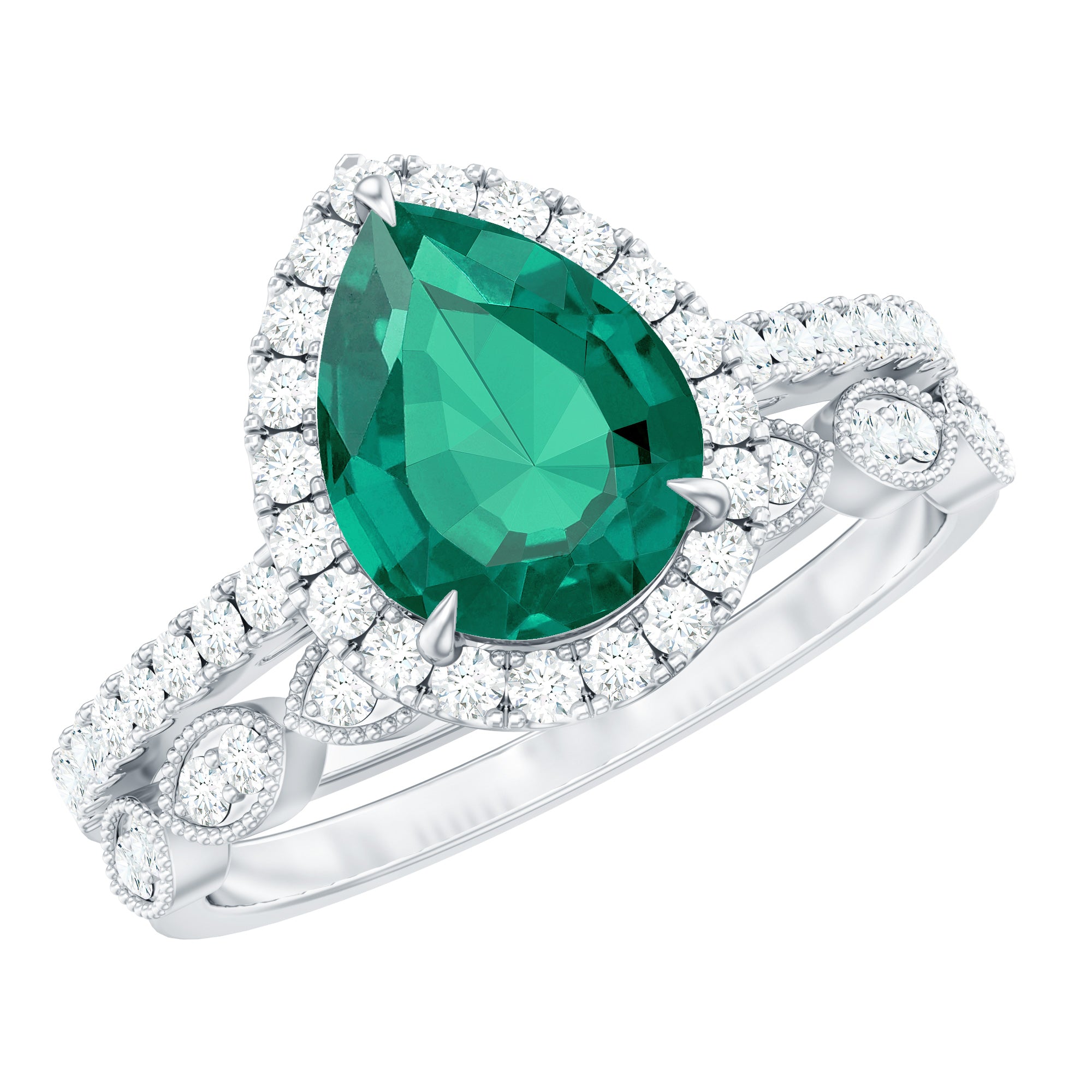 2.25 CT Lab Grown Emerald Teardrop Ring Set with Natural Diamond