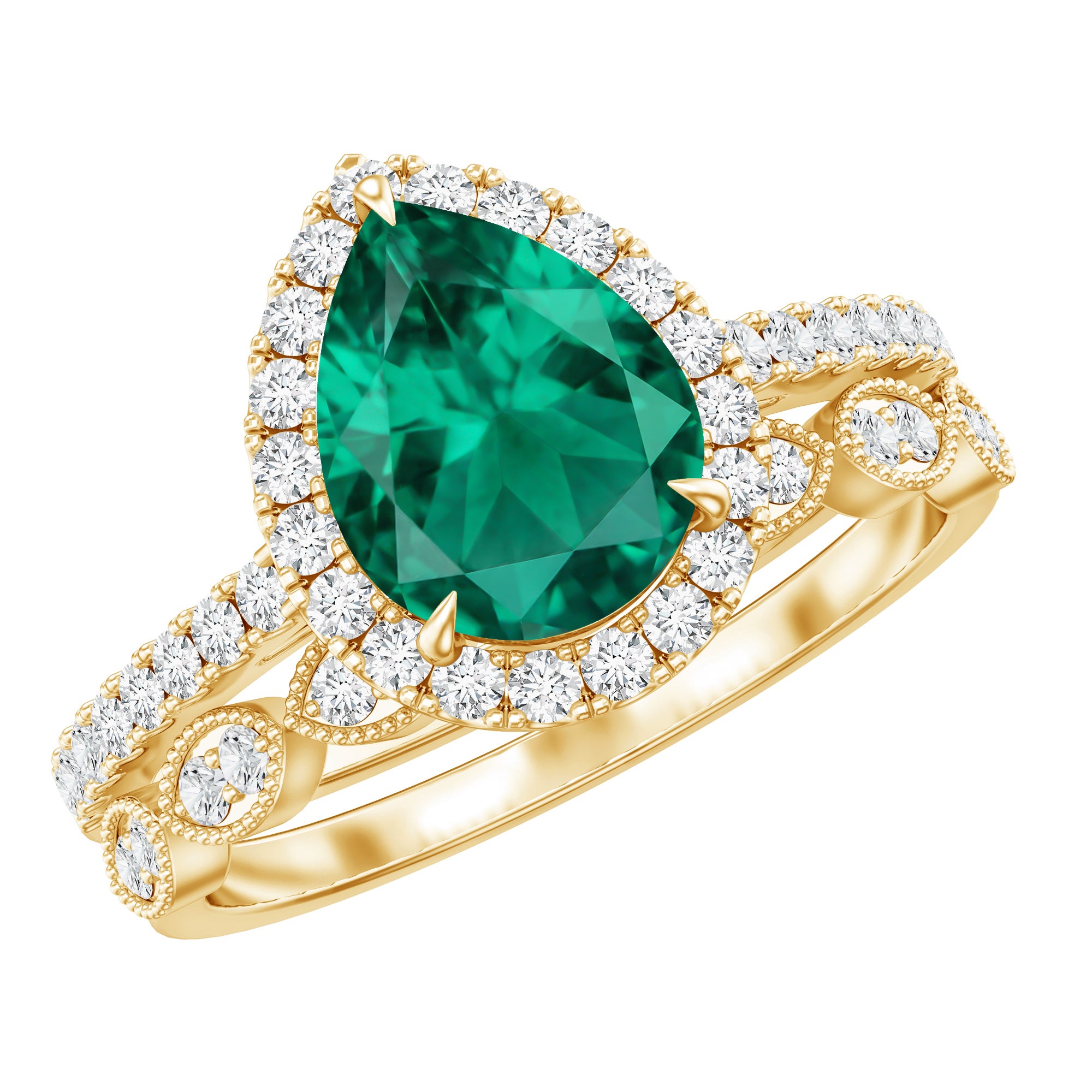 1.7 Carat Lab Grown Emerald Teardrop Ring Set with Natural Diamond AAAA - Rosec Jewels