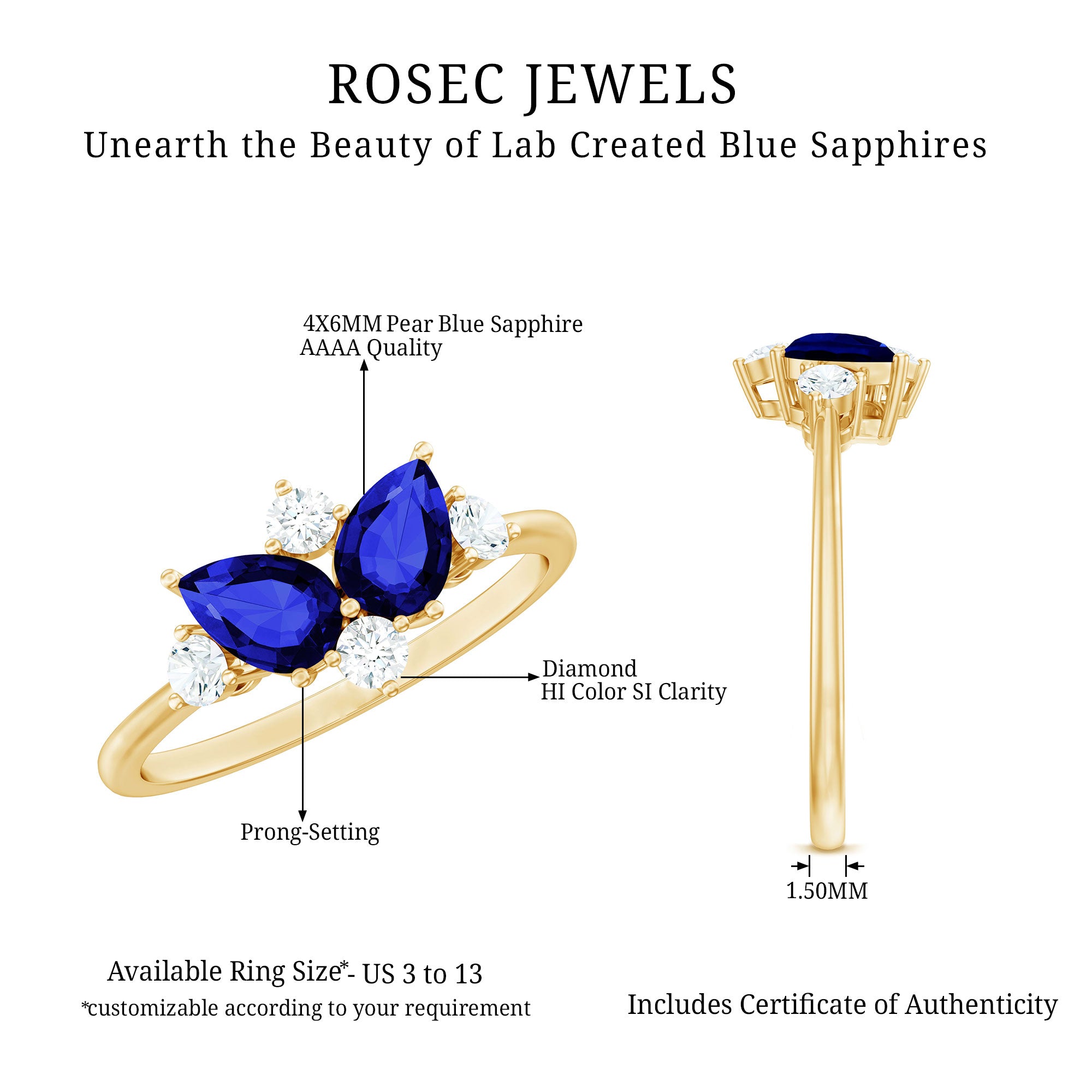 Lab Created Blue Sapphire and Diamond Cluster Ring AAAA - Rosec Jewels