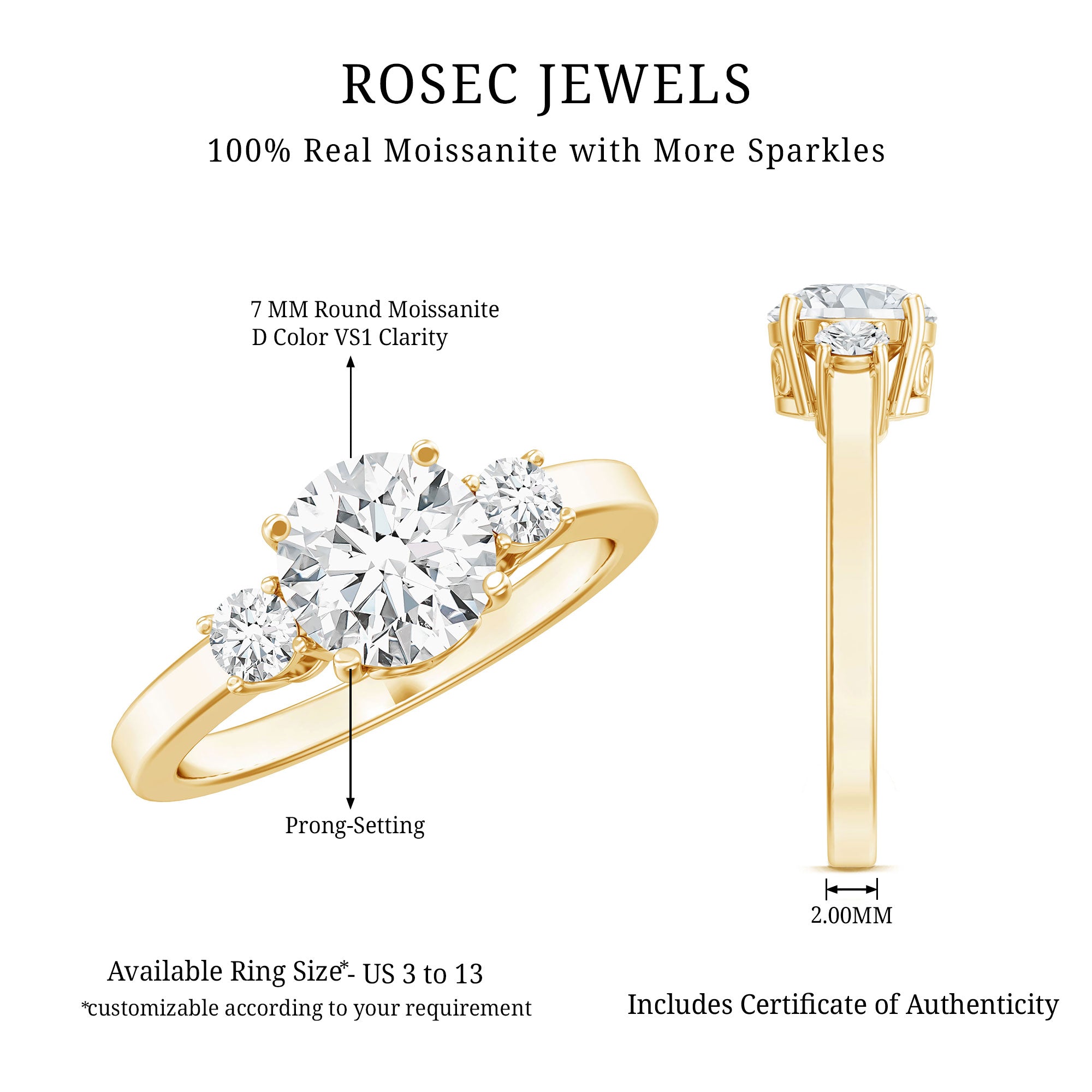 Rosec Jewels-Moissanite Three Stone Round Engagement ring