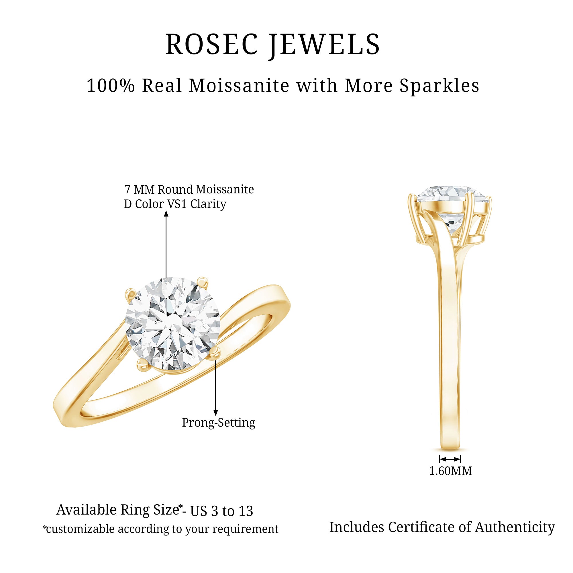 Certified Moissanite Solitaire Engagement Ring with Bypass Shank D-VS1 - Rosec Jewels