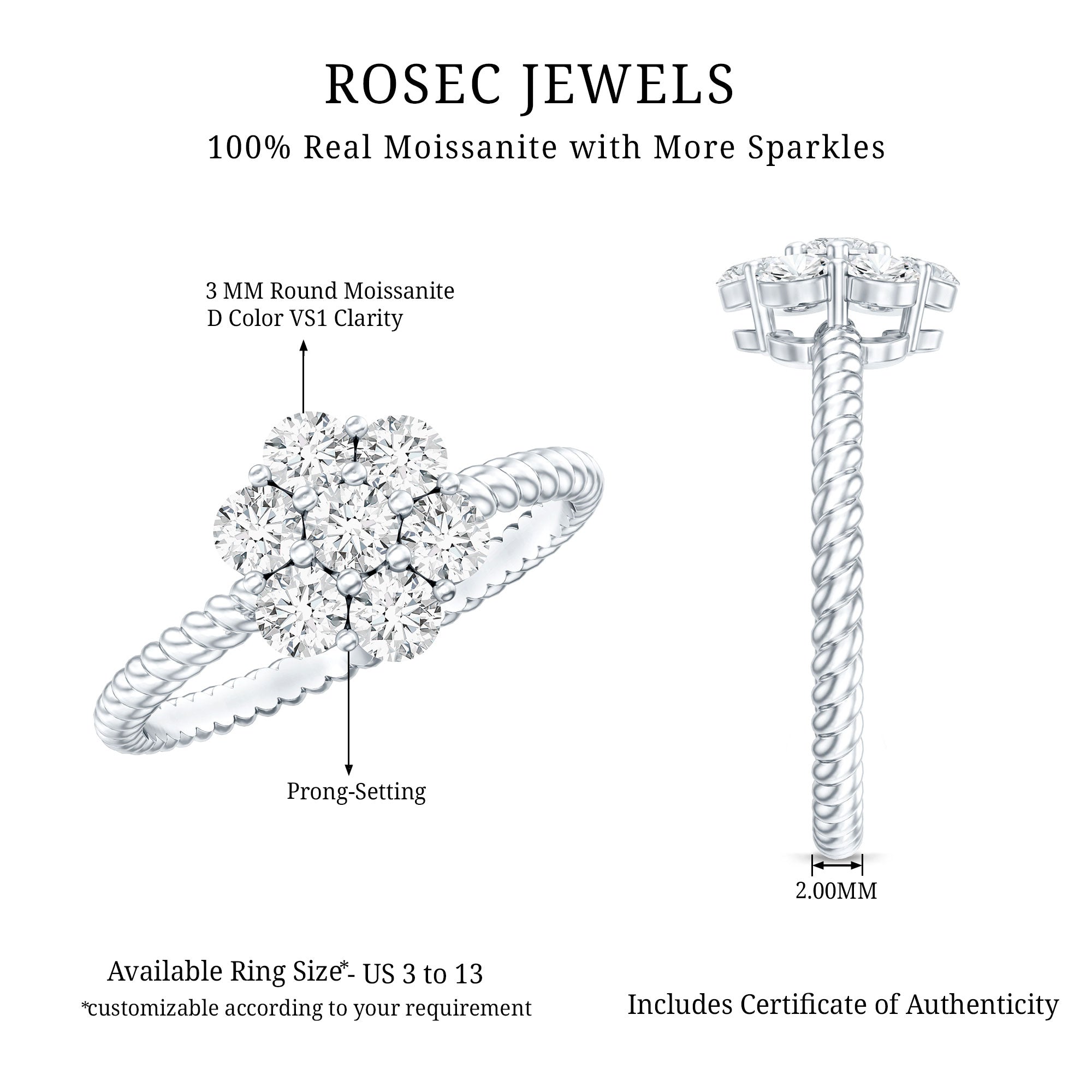 Rosec Jewels-Moissanite Flower Engagement with Twisted Rope Details