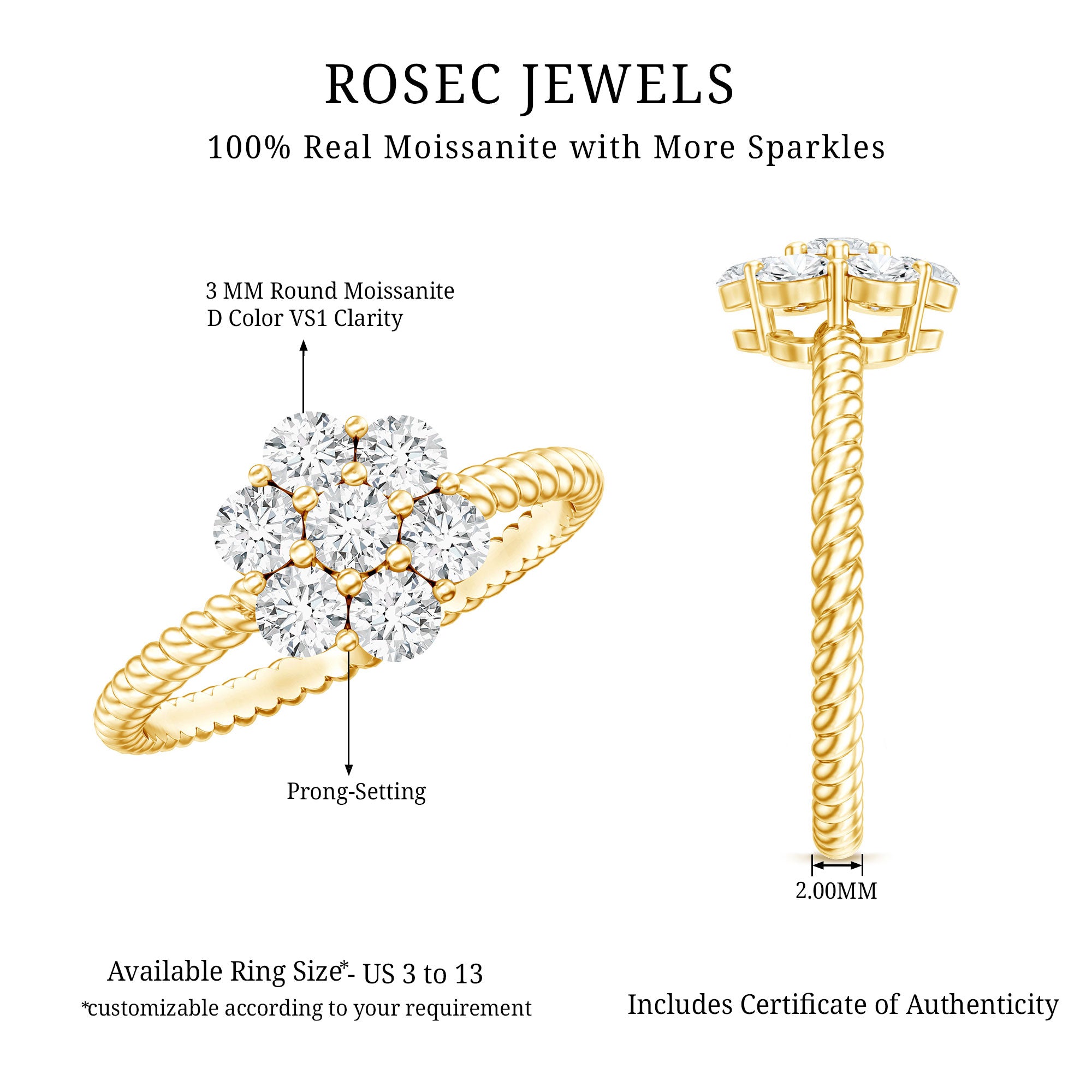 Rosec Jewels-Moissanite Flower Engagement with Twisted Rope Details