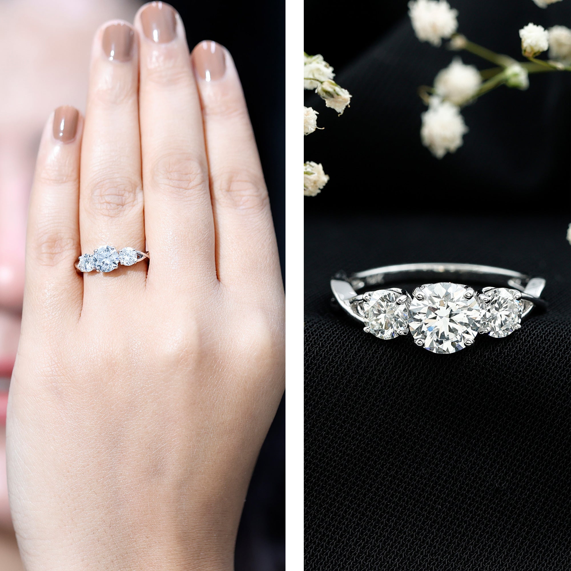 3 Stone Round Moissanite Crossover Engagement Ring D-VS1 - Rosec Jewels