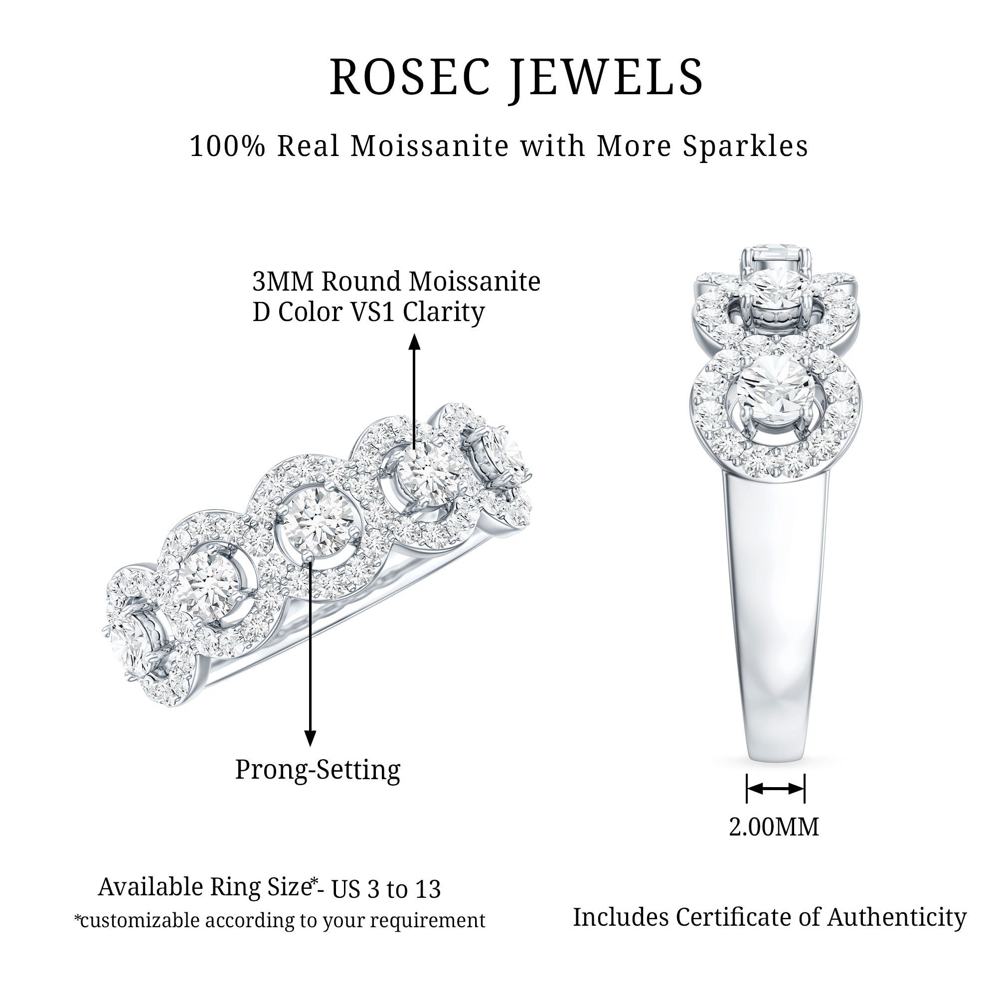 1.25 CT Round Cut Moissanite Halo Classic Band Ring D-VS1 - Rosec Jewels