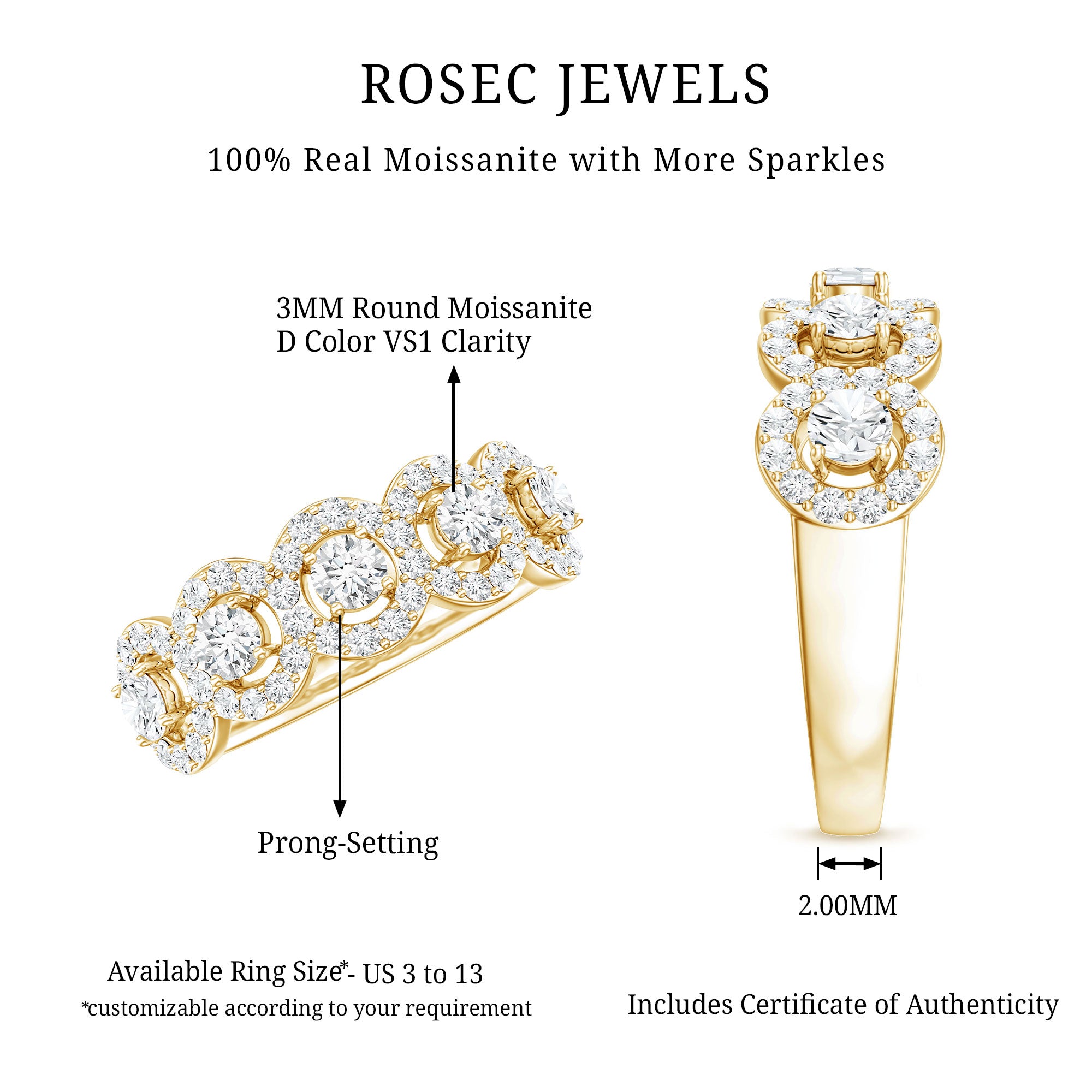 1.25 CT Round Cut Moissanite Halo Classic Band Ring D-VS1 - Rosec Jewels