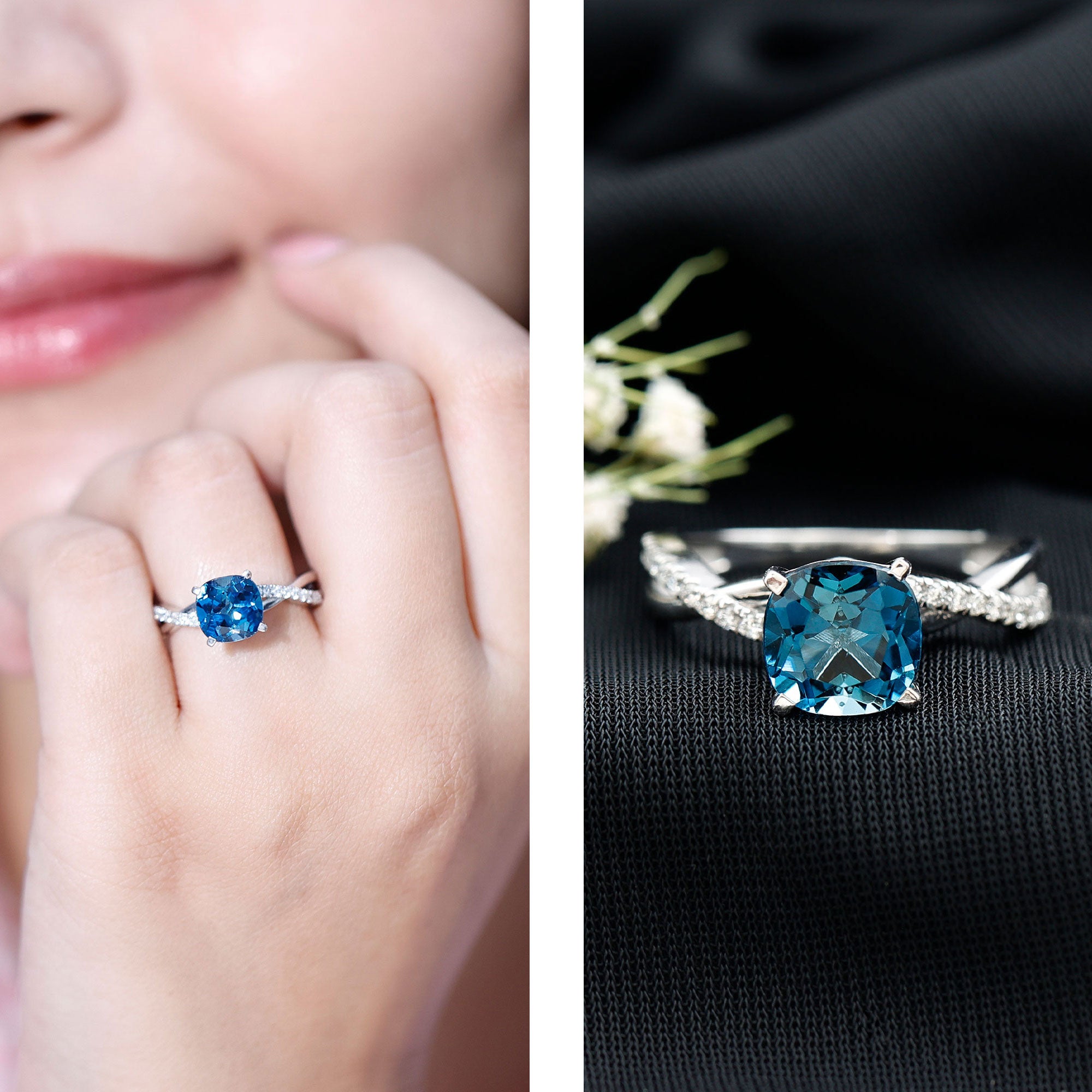 2.8 Carat Cushion Cut London Blue Topaz Solitaire Engagement Ring with Diamond Crossover Shank AAA - Rosec Jewels