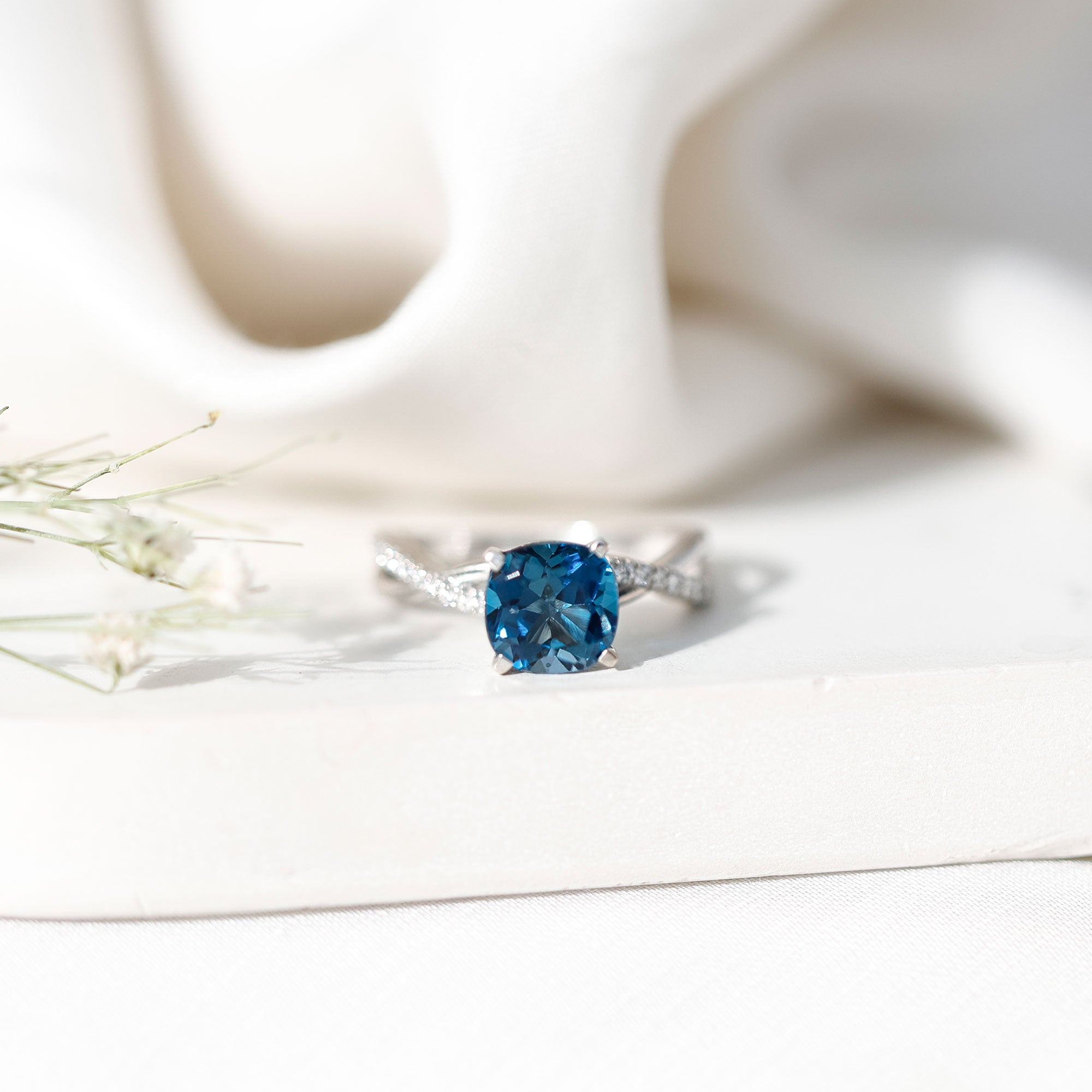 2.8 Carat Cushion Cut London Blue Topaz Solitaire Engagement Ring with Diamond Crossover Shank AAA - Rosec Jewels