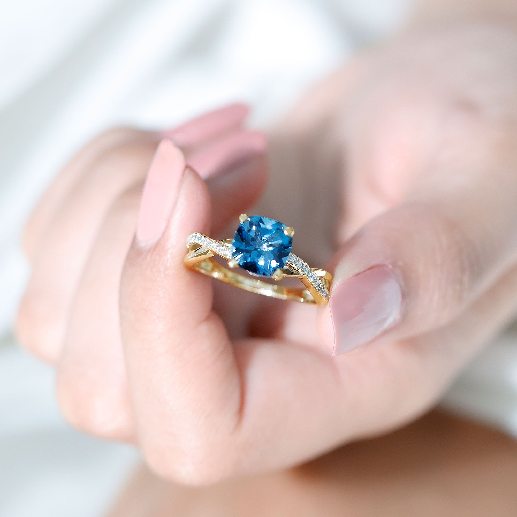 8mm Cushion Cut London Blue Topaz Solitaire Engagement Ring with Diamond Crossover Shank AAA - Rosec Jewels