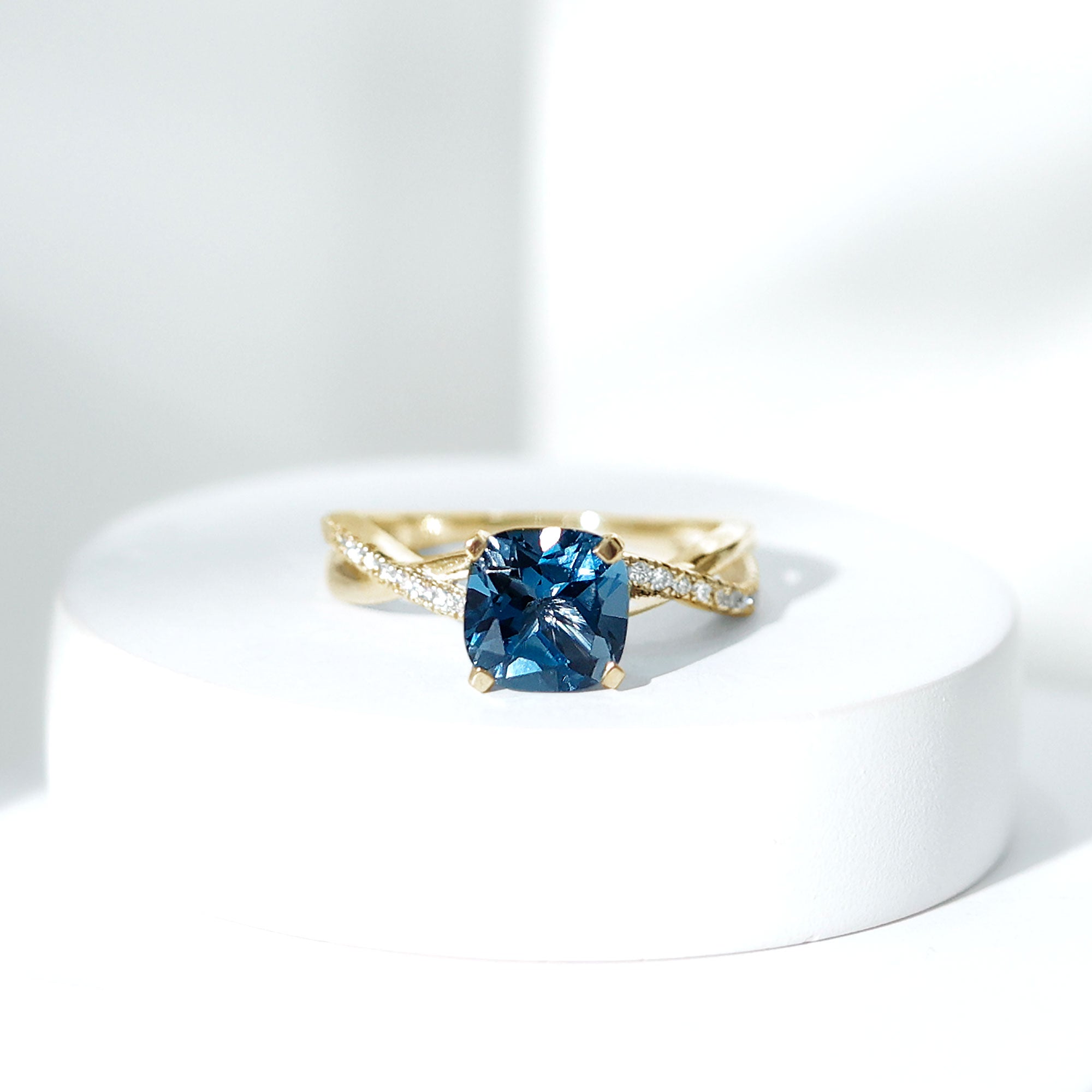 8mm Cushion Cut London Blue Topaz Solitaire Engagement Ring with Diamond Crossover Shank AAA - Rosec Jewels