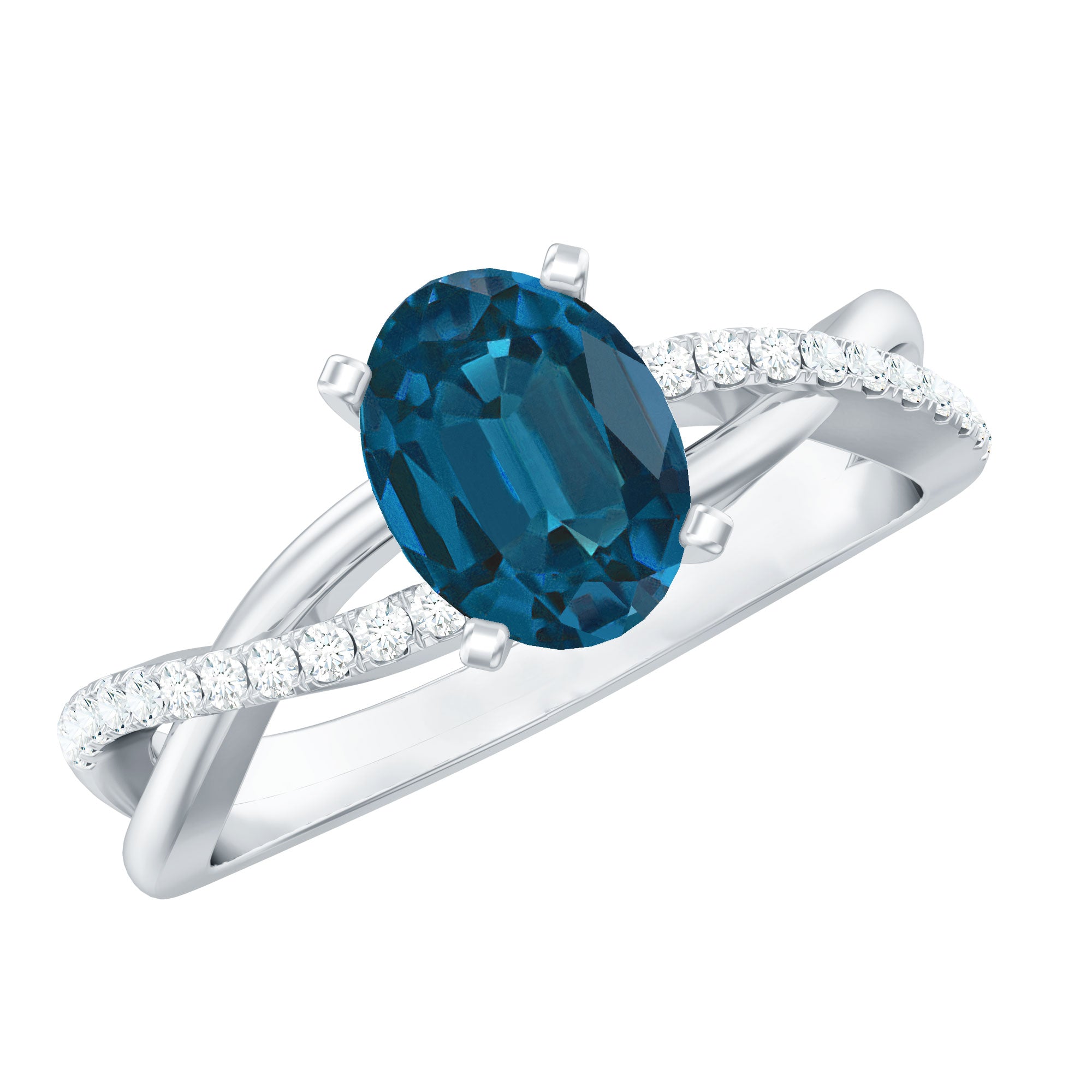 6X8mm Oval Cut London Blue Topaz Solitaire Engagement Ring with Diamond Spiral Shank