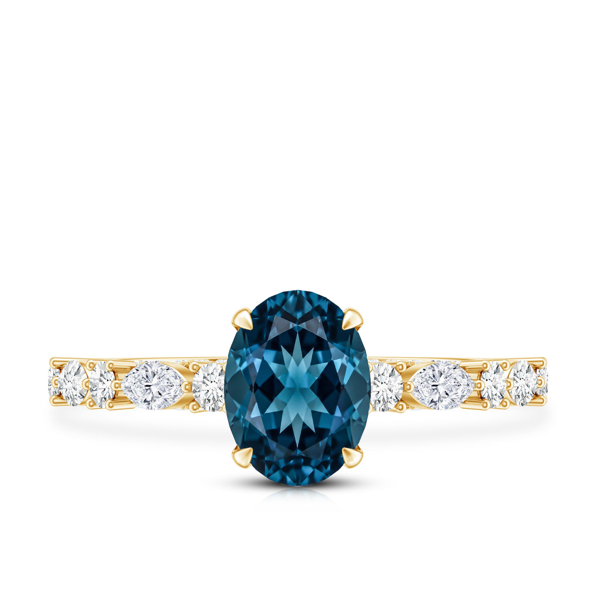 1 Carat Oval Cut London Blue Topaz Engagement Ring with Diamond Accent AAA - Rosec Jewels