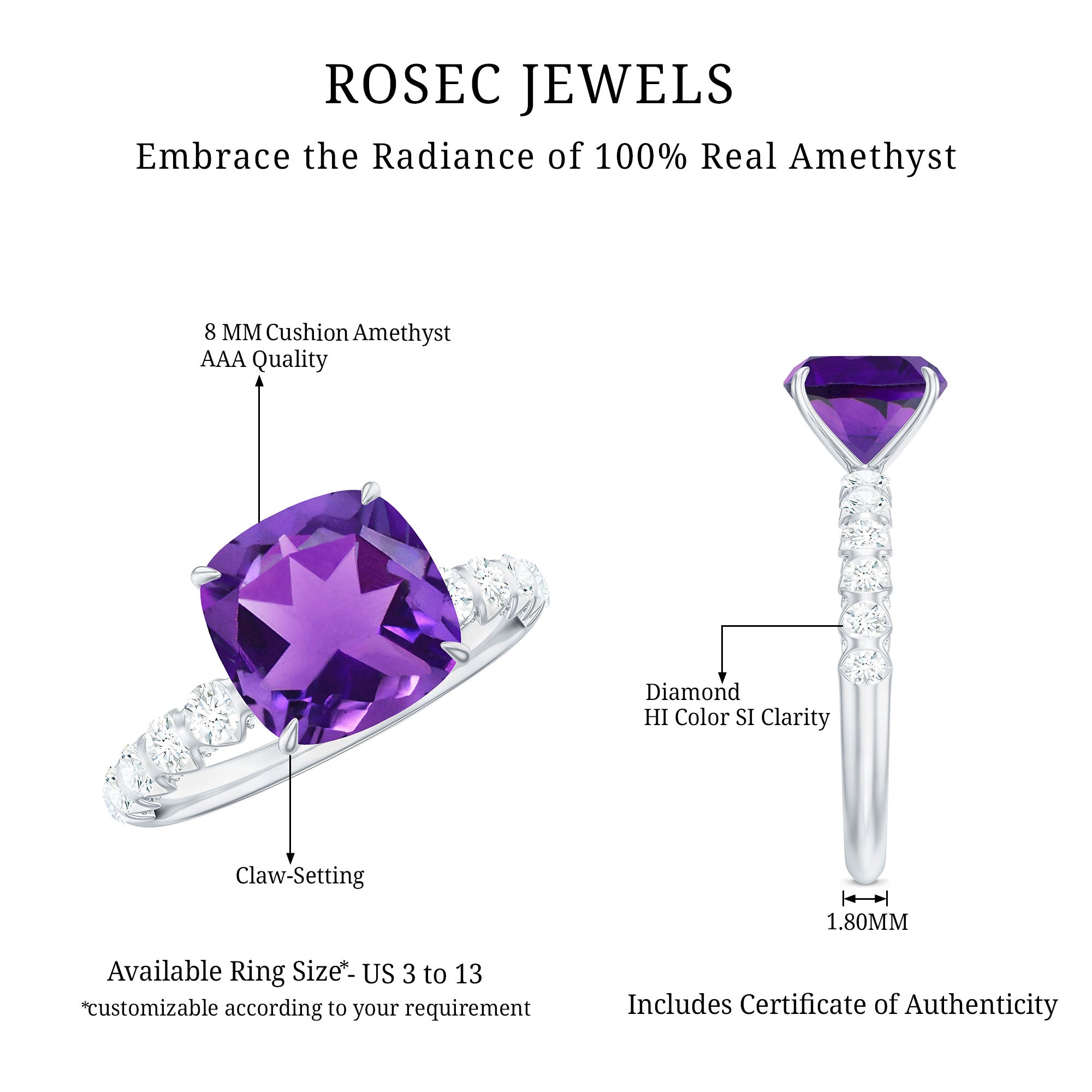 2 Carat Amethyst Cushion Cut Engagement Ring with Diamond AAA - Rosec Jewels