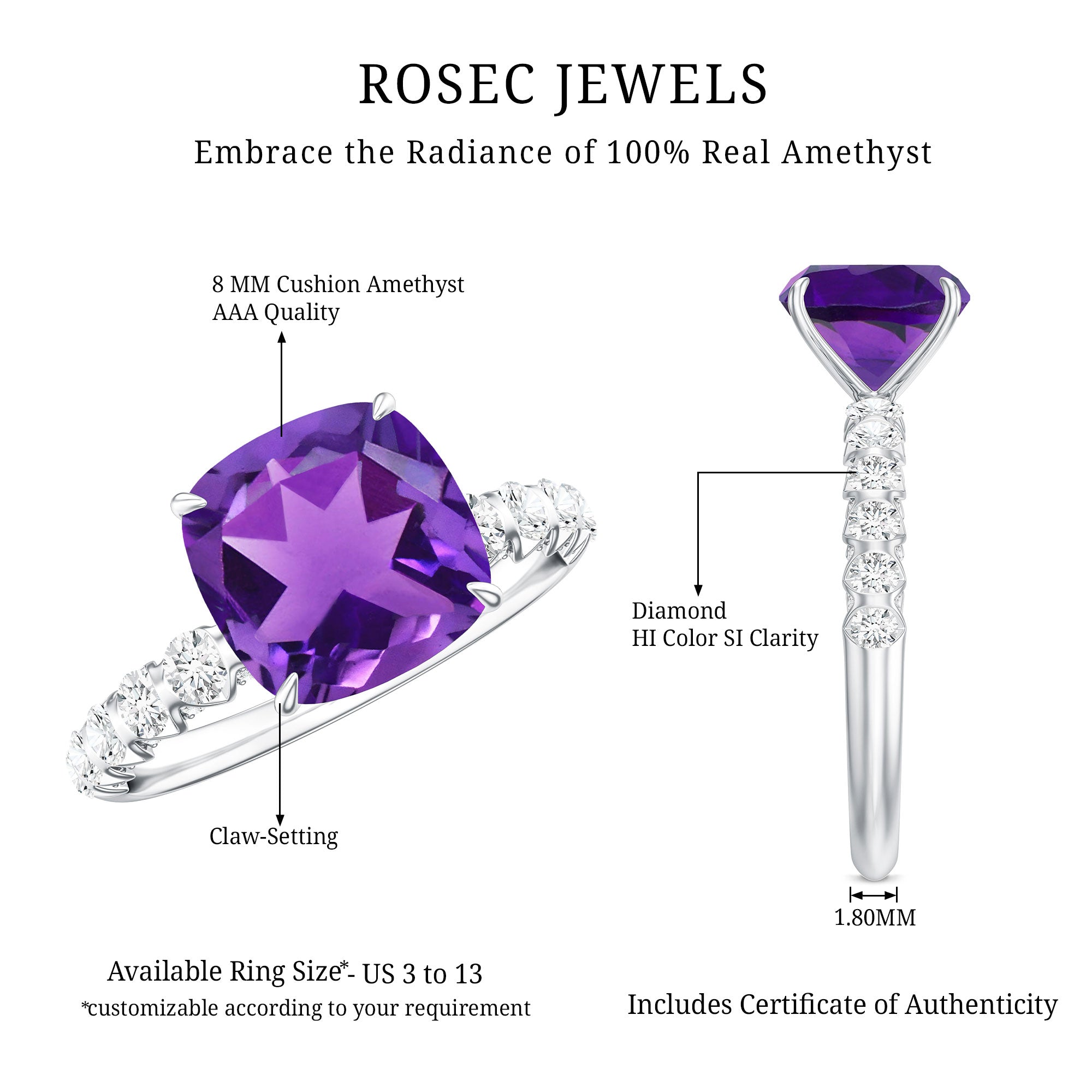 2 Carat Amethyst Cushion Cut Engagement Ring with Diamond AAA - Rosec Jewels