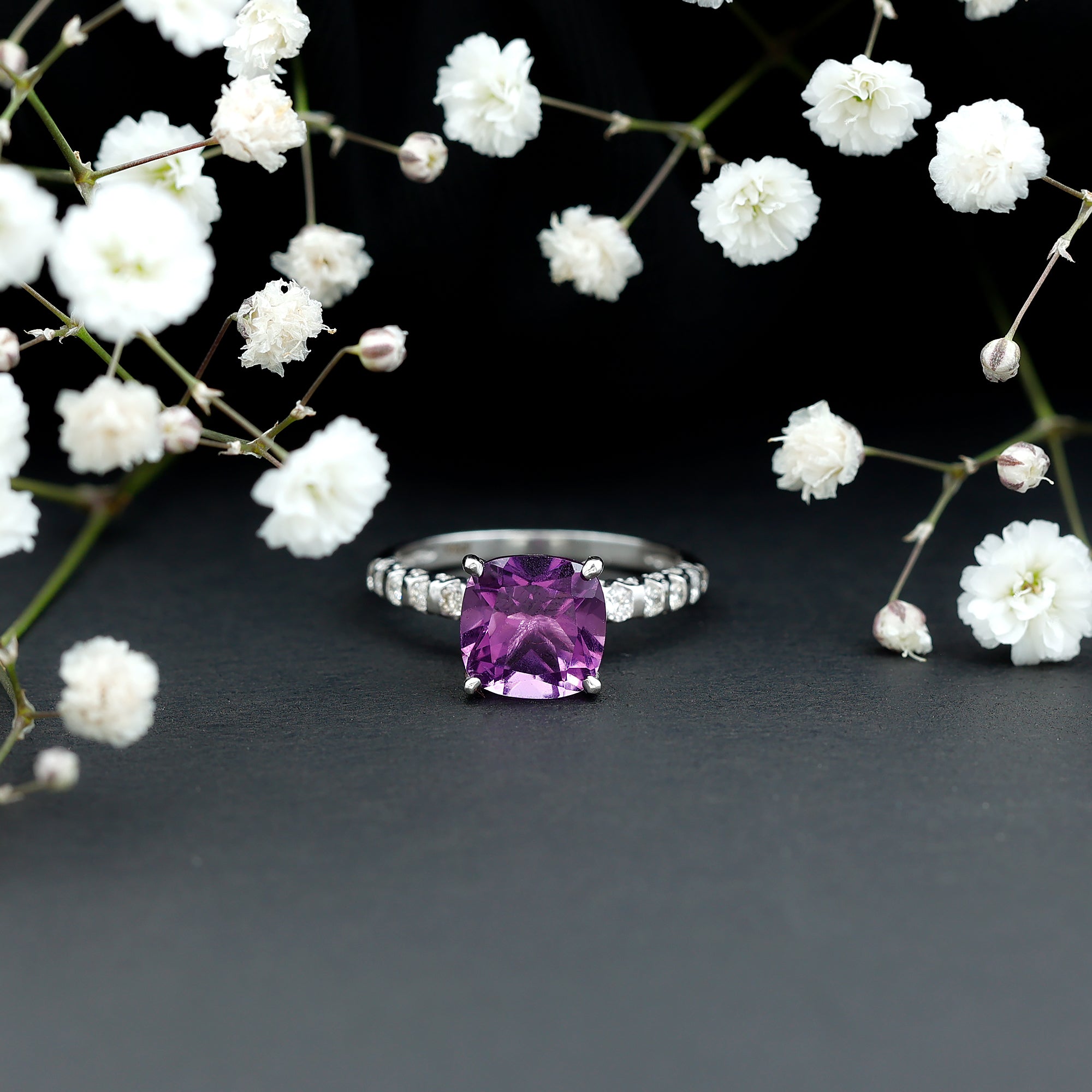 2 Carat Amethyst Cushion Cut Engagement Ring with Diamond AAA - Rosec Jewels