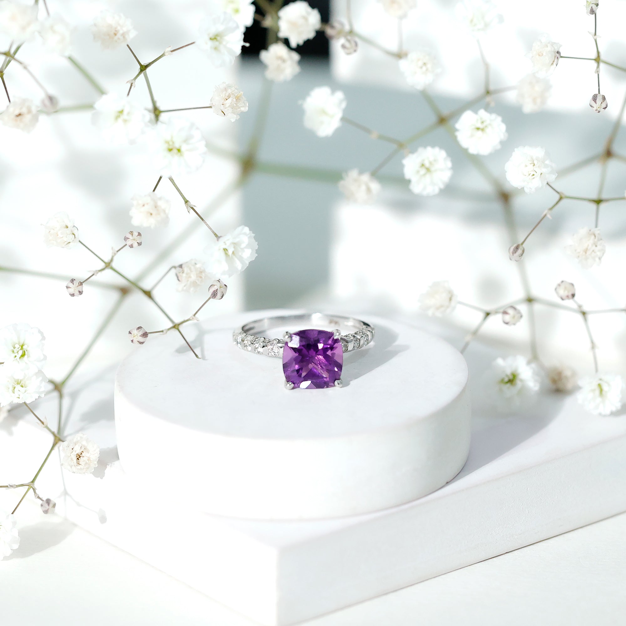 2 Carat Amethyst Cushion Cut Engagement Ring with Diamond AAA - Rosec Jewels