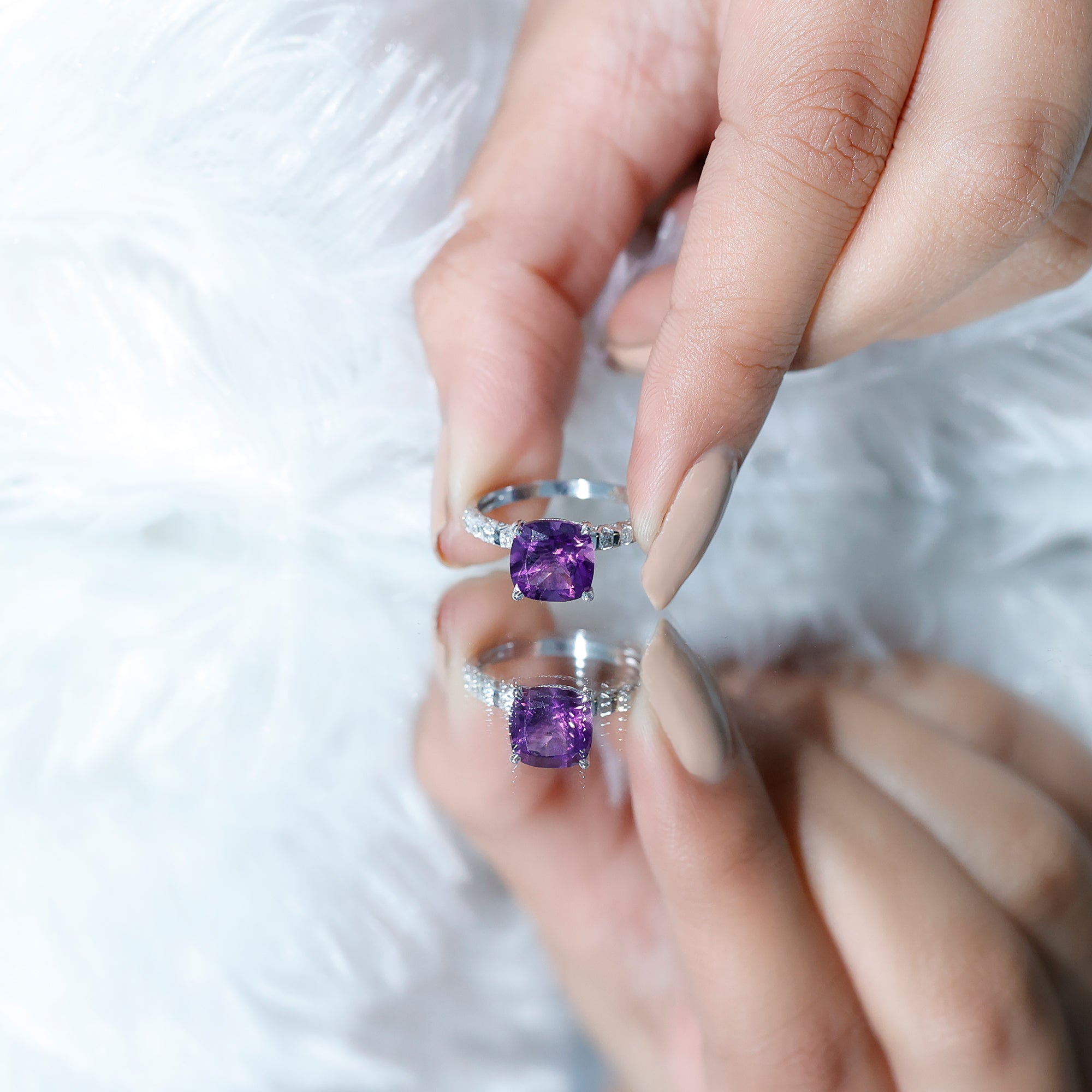 2 Carat Amethyst Cushion Cut Engagement Ring with Diamond AAA - Rosec Jewels