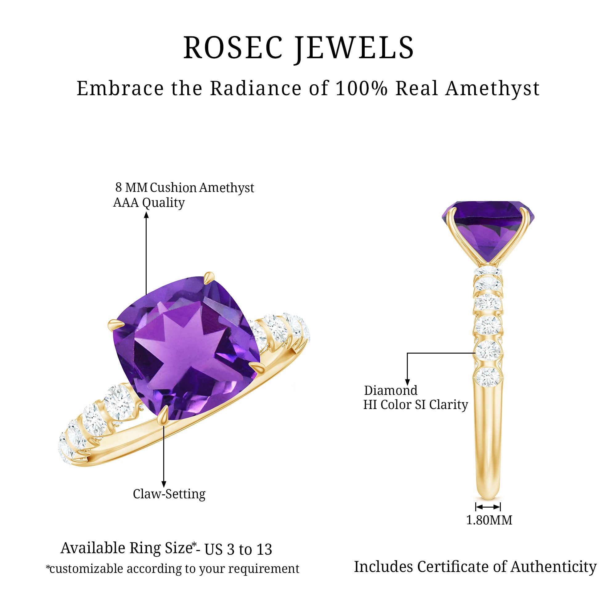 2 Carat Amethyst Cushion Cut Engagement Ring with Diamond AAA - Rosec Jewels