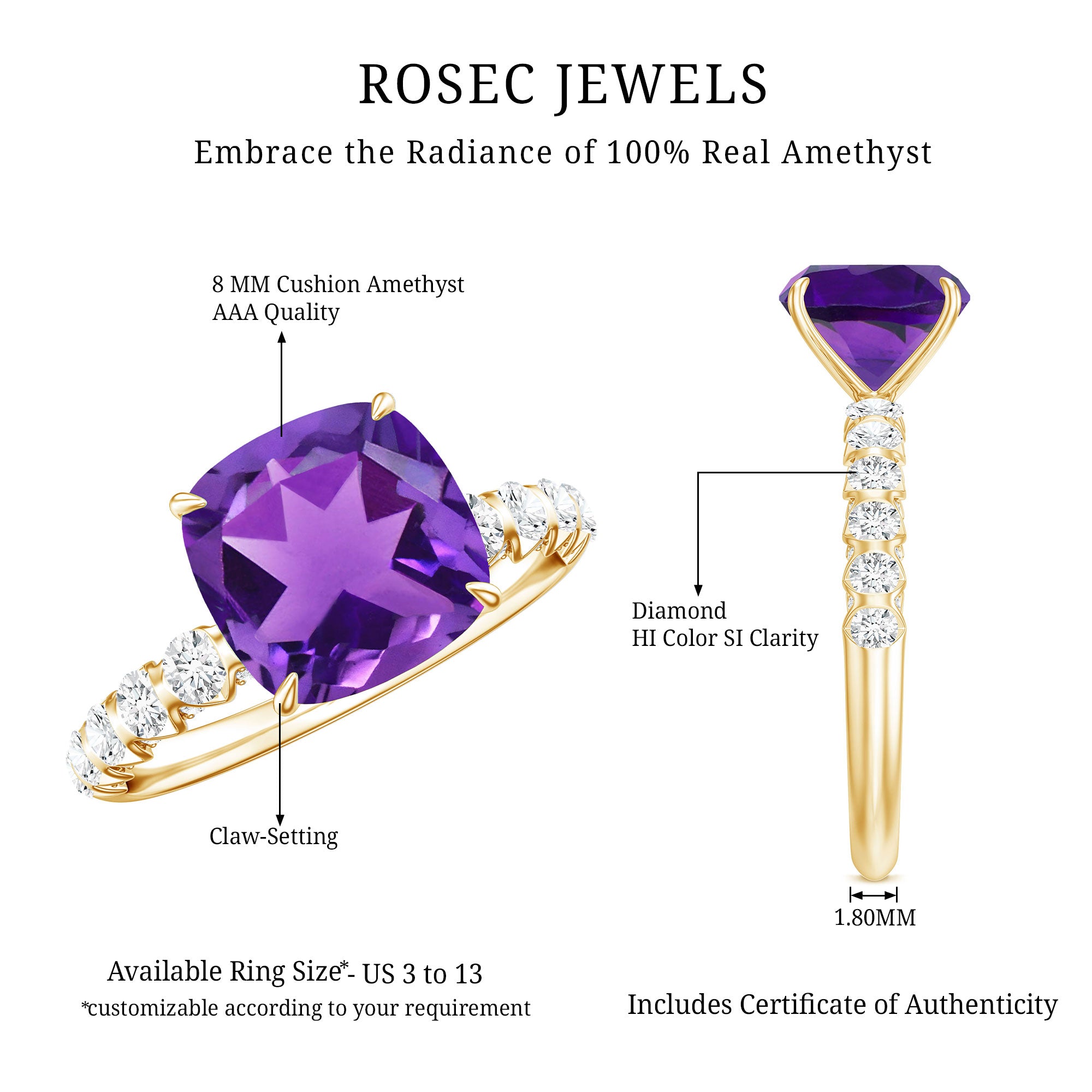 2 Carat Amethyst Cushion Cut Engagement Ring with Diamond AAA - Rosec Jewels