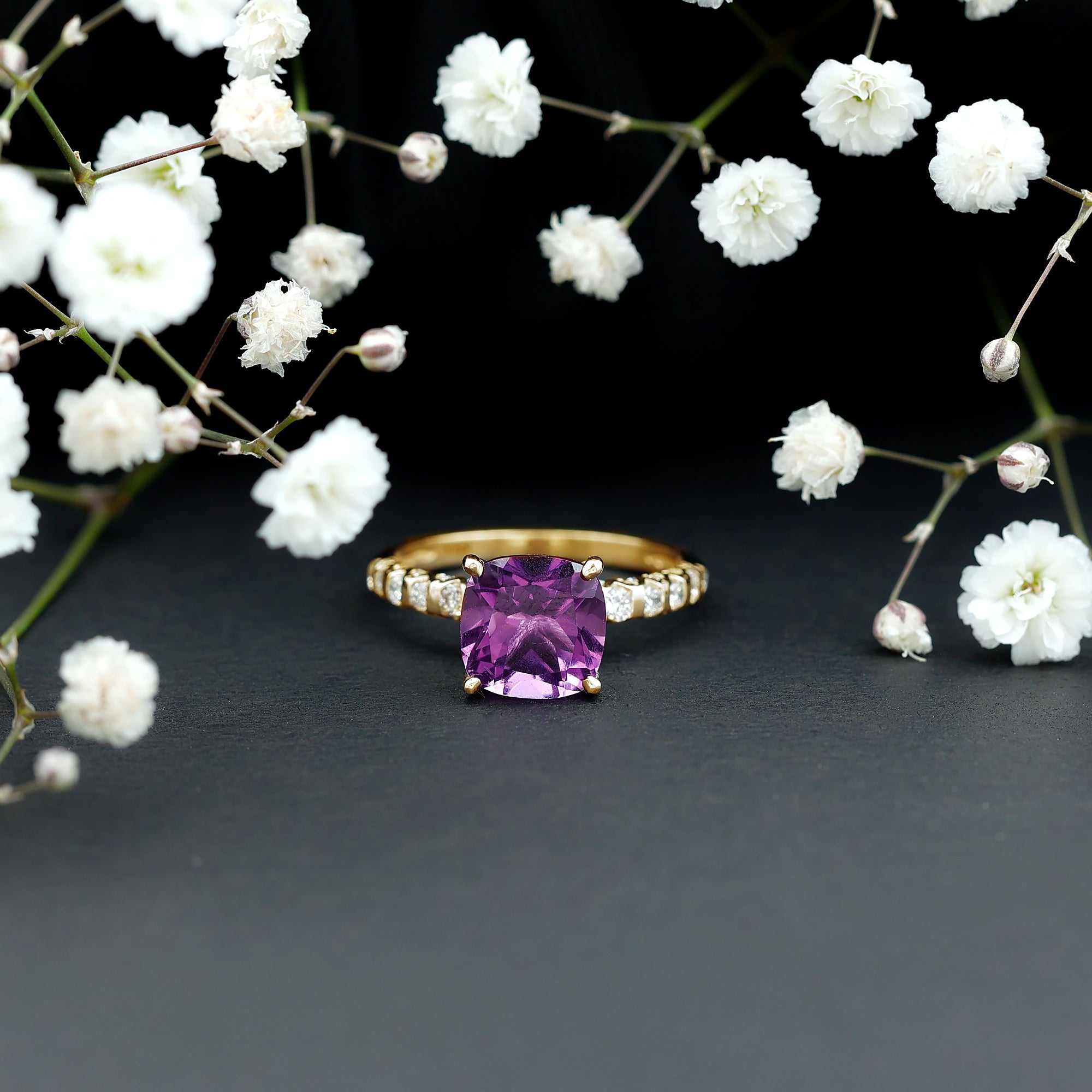 2 Carat Amethyst Cushion Cut Engagement Ring with Diamond AAA - Rosec Jewels