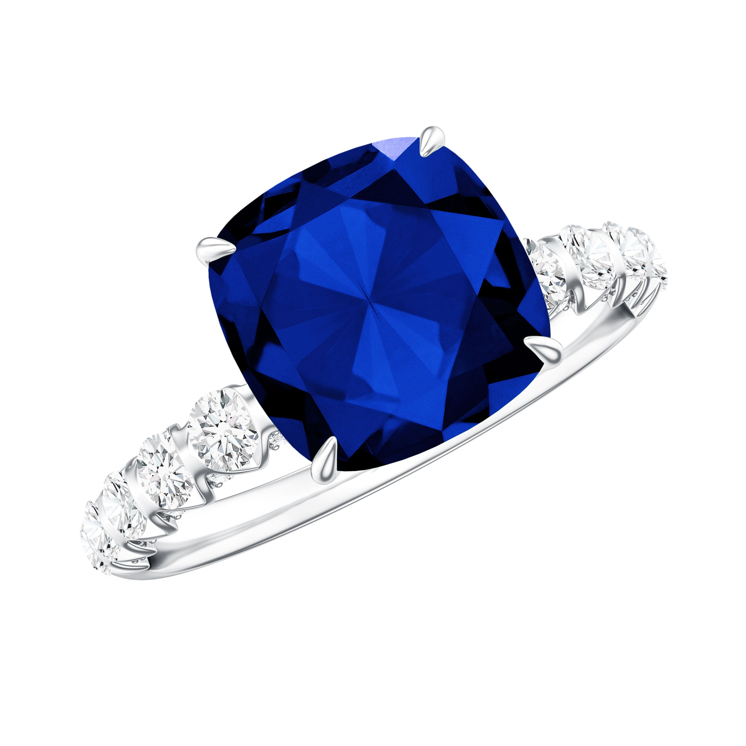 Classic 2.75 Carat Lab Grown Blue Sapphire Cushion Cut Engagement Ring with Diamond AAAA - Rosec Jewels