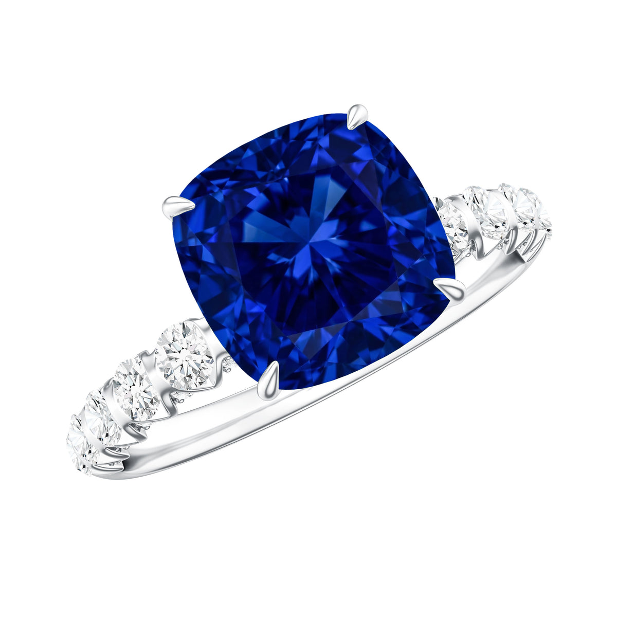 Classic 2.75 Carat Lab Grown Blue Sapphire Cushion Cut Engagement Ring with Diamond AAAA - Rosec Jewels