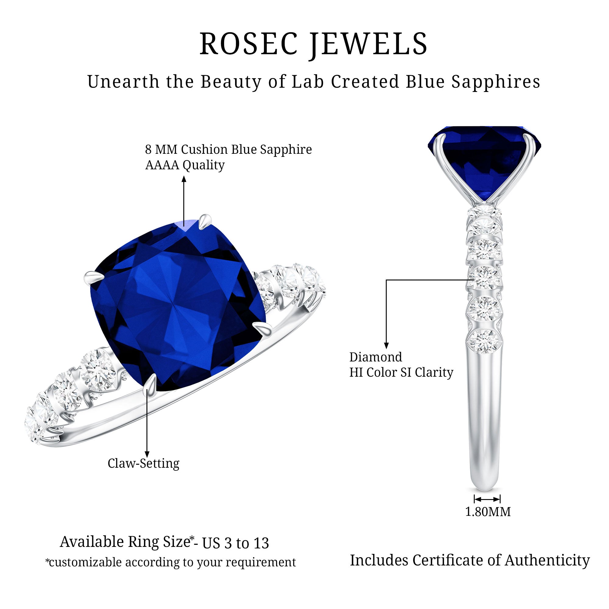 Classic 2.75 Carat Lab Grown Blue Sapphire Cushion Cut Engagement Ring with Diamond AAAA - Rosec Jewels