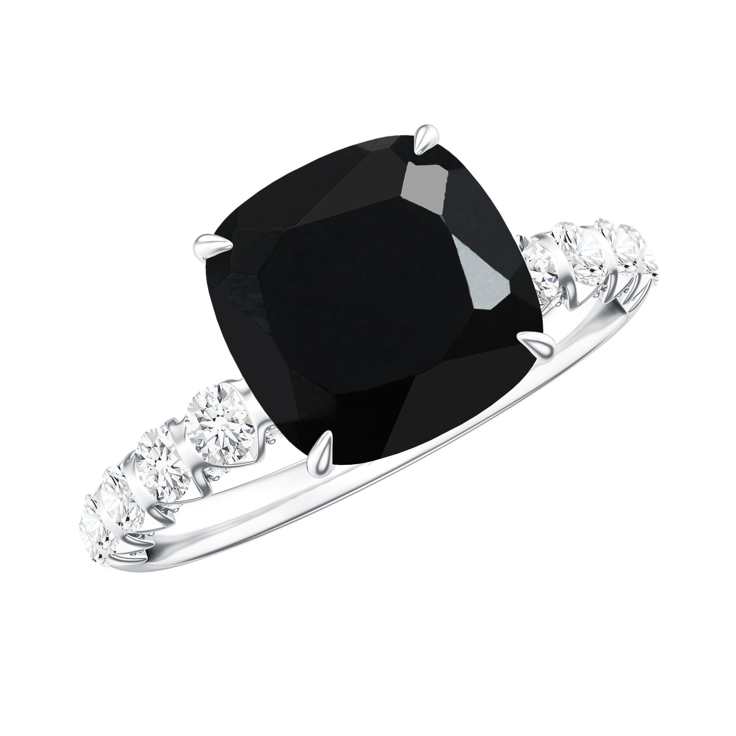 Cushion Cut Created Black Diamond and Diamond Solitaire Ring AAAA ( Synthetic ) - Rosec Jewels