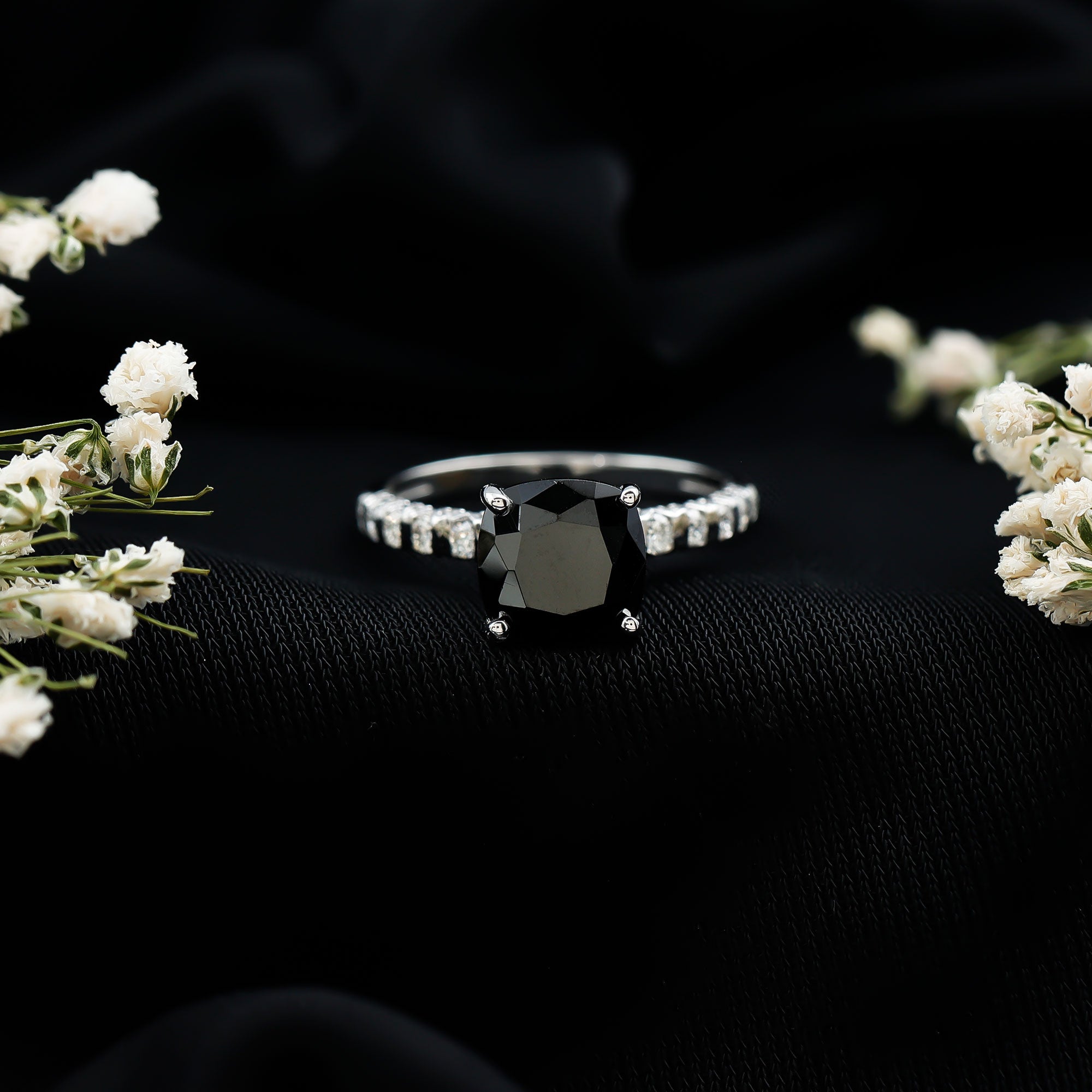 Cushion Cut Created Black Diamond and Diamond Solitaire Ring AAAA ( Synthetic ) - Rosec Jewels