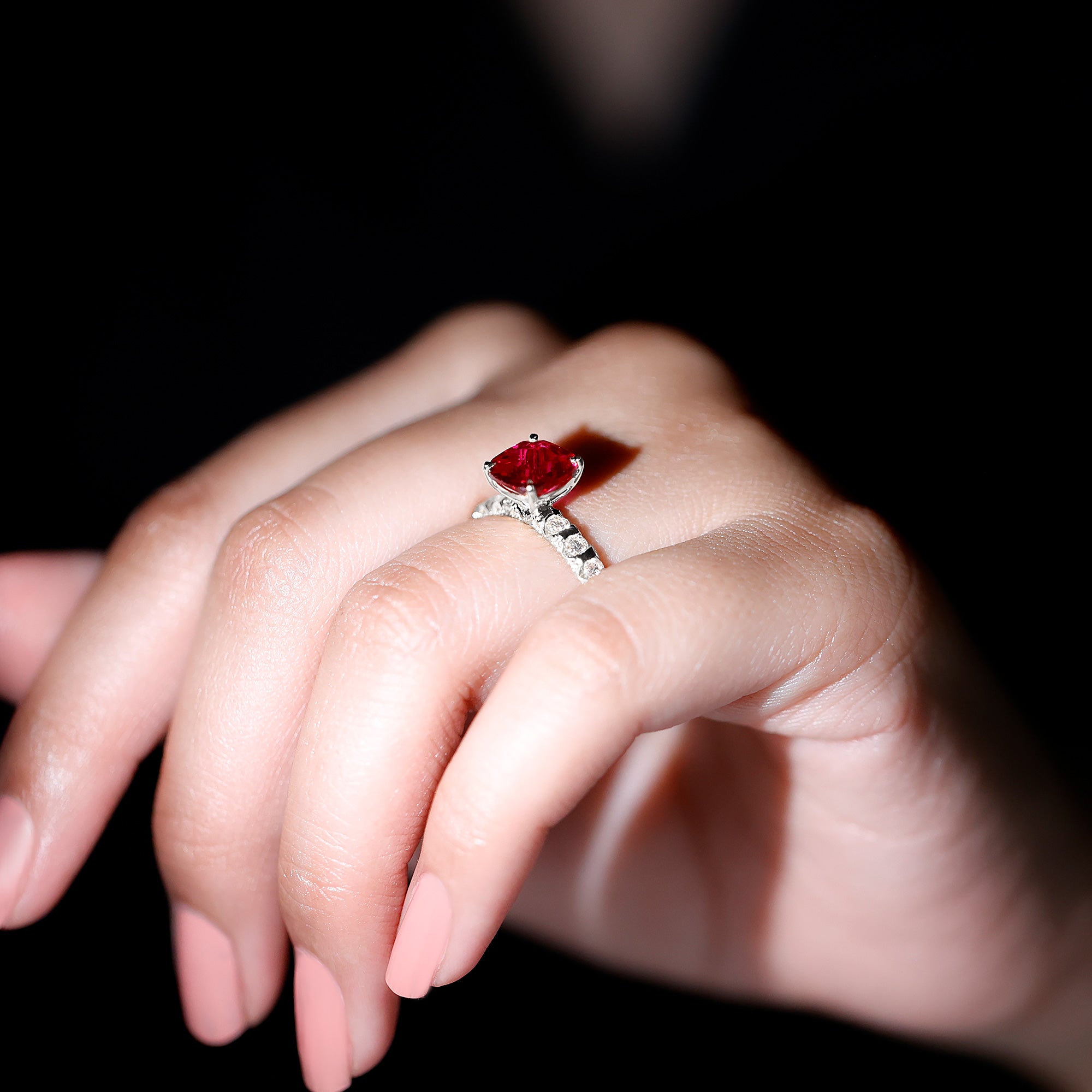 2 Carat Cushion Cut Lab Created Ruby Engagement Ring with Diamond Side Stones AAAA - Rosec Jewels