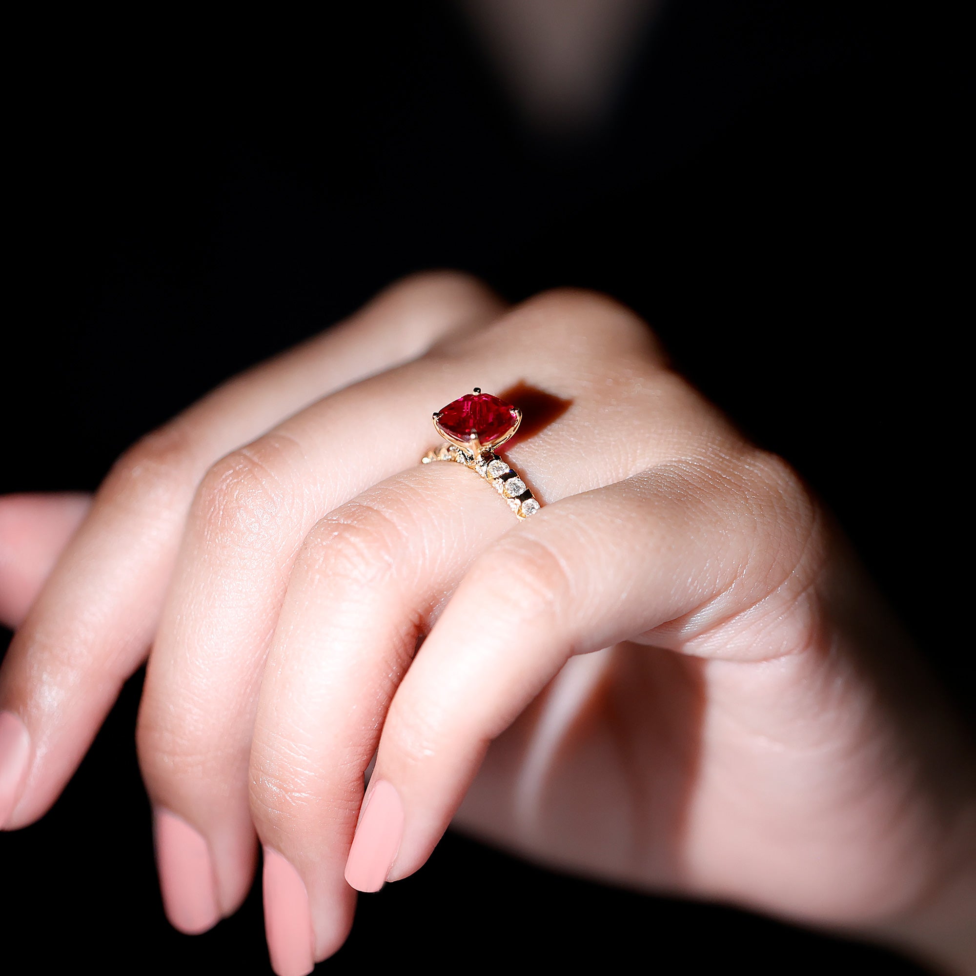 2 Carat Cushion Cut Lab Created Ruby Engagement Ring with Diamond Side Stones AAAA - Rosec Jewels