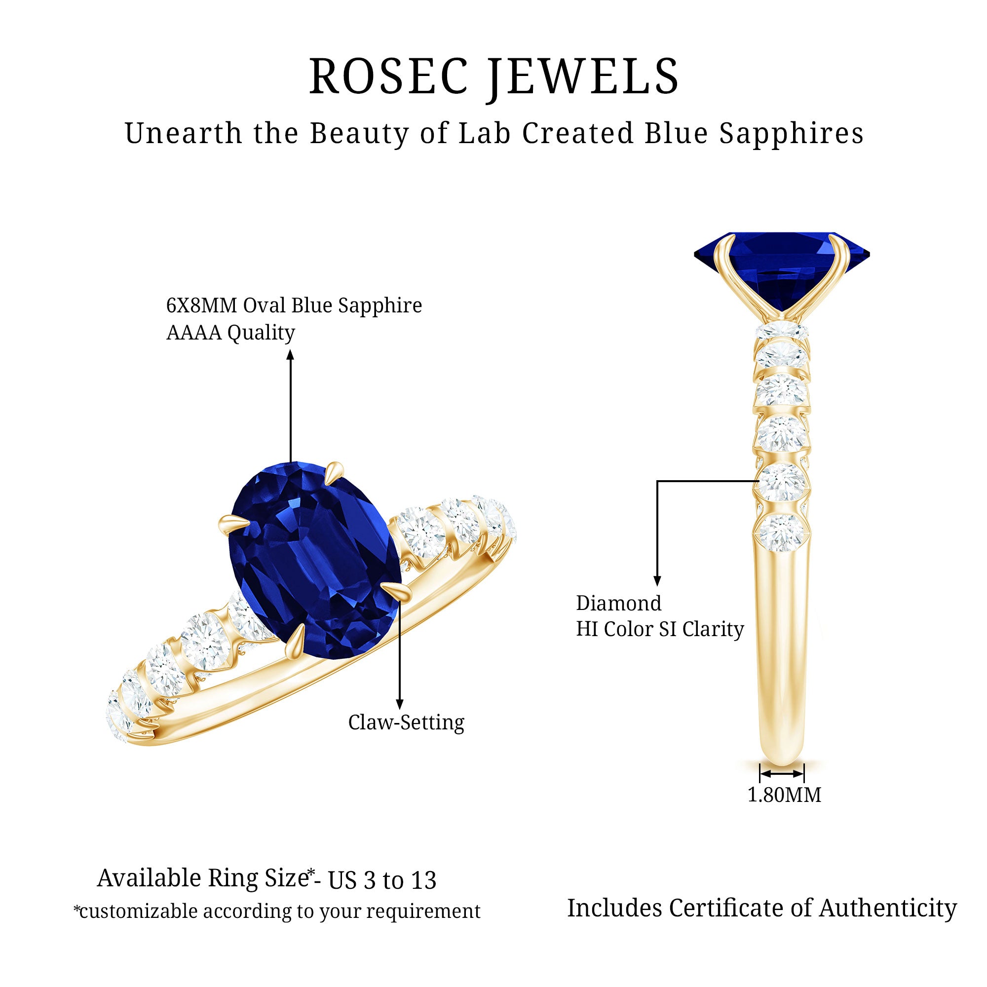 Certified 1.5 Carat Oval Lab Grown Blue Sapphire Engagement Ring with Diamond AAAA - Rosec Jewels