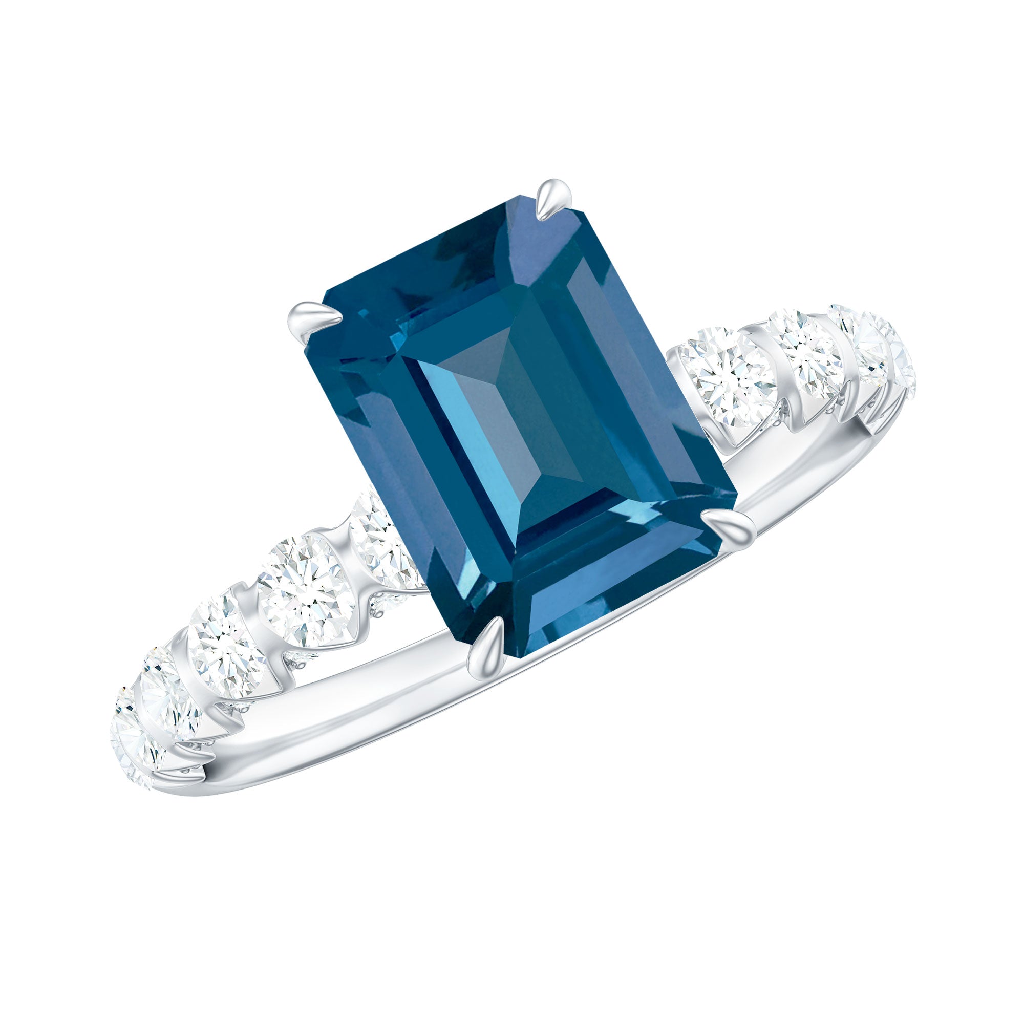 6X8mm Emerald Cut London Blue Topaz Engagement Ring with Diamond Side Stones