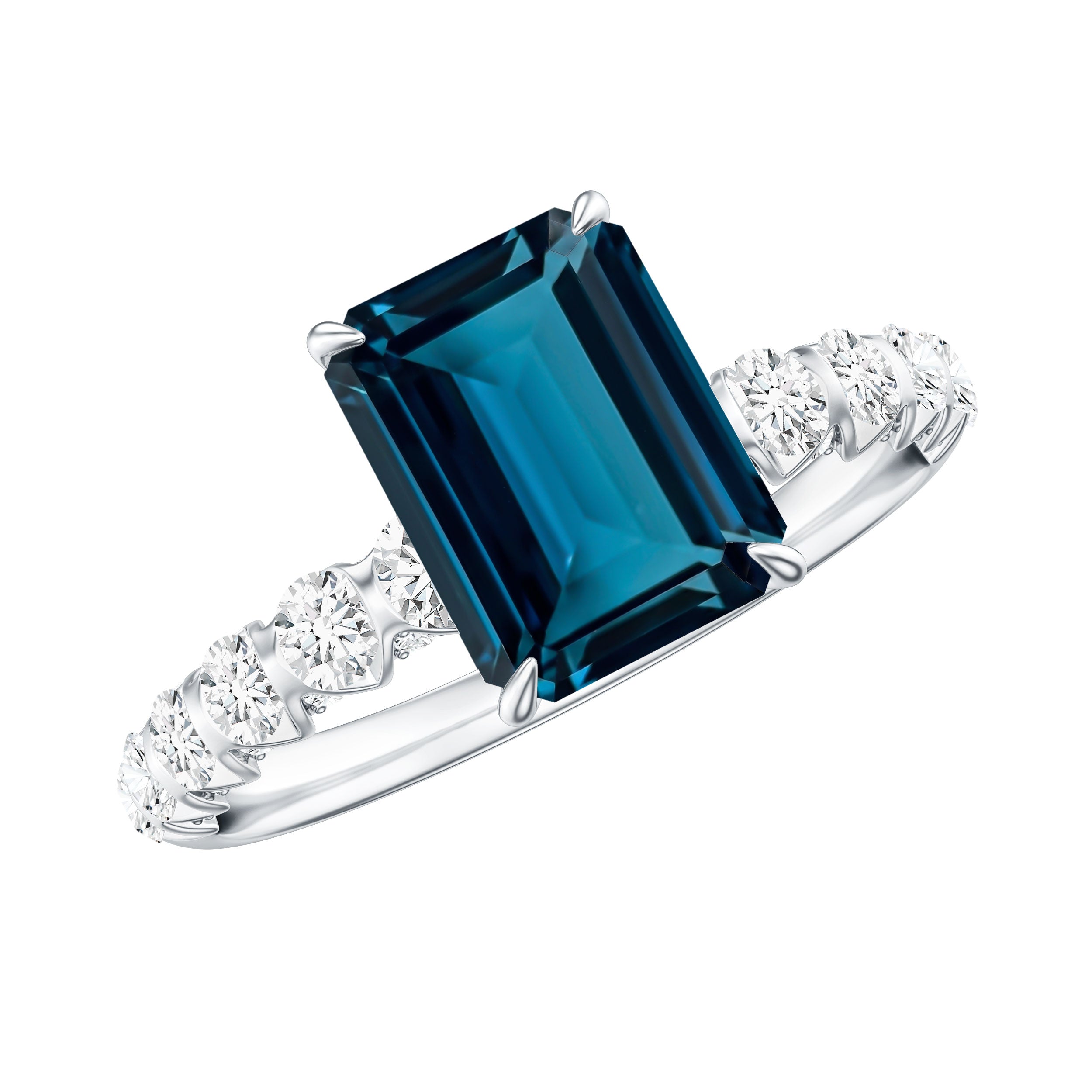 2.25 Carat Emerald Cut London Blue Topaz Engagement Ring with Diamond Side Stones AAA - Rosec Jewels