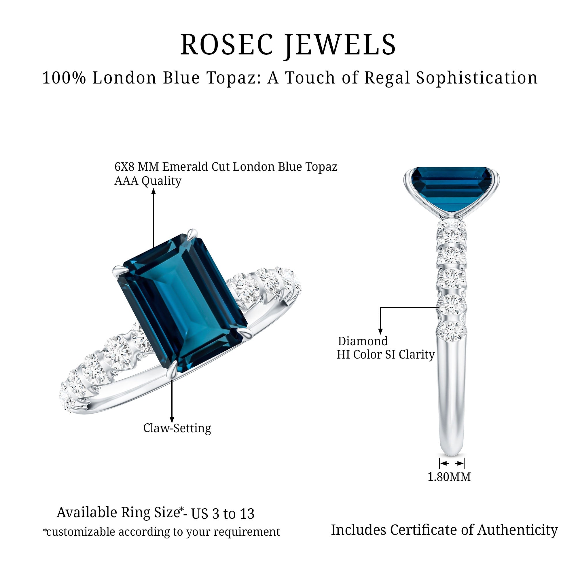 2.25 Carat Emerald Cut London Blue Topaz Engagement Ring with Diamond Side Stones AAA - Rosec Jewels