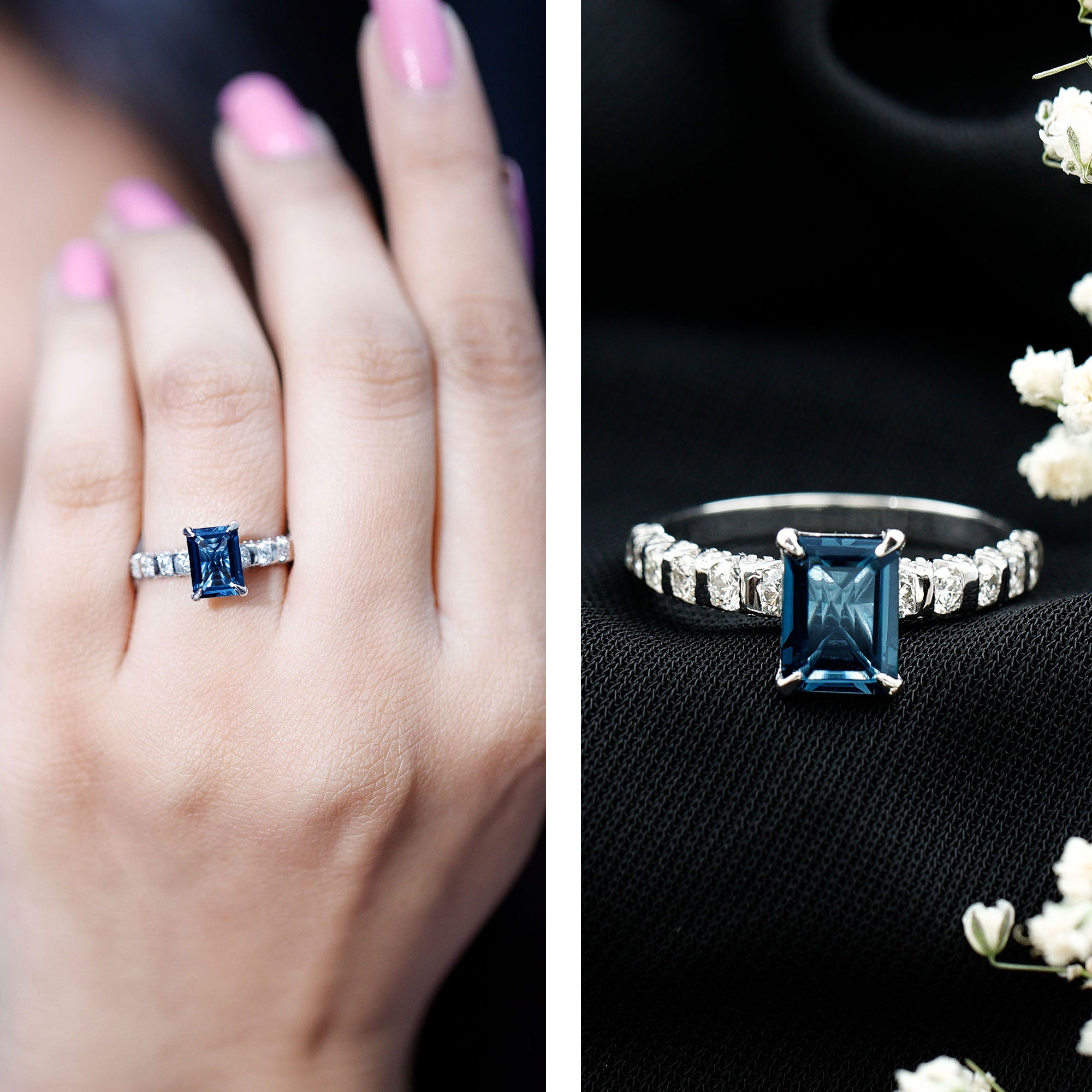 2.25 Carat Emerald Cut London Blue Topaz Engagement Ring with Diamond Side Stones AAA - Rosec Jewels