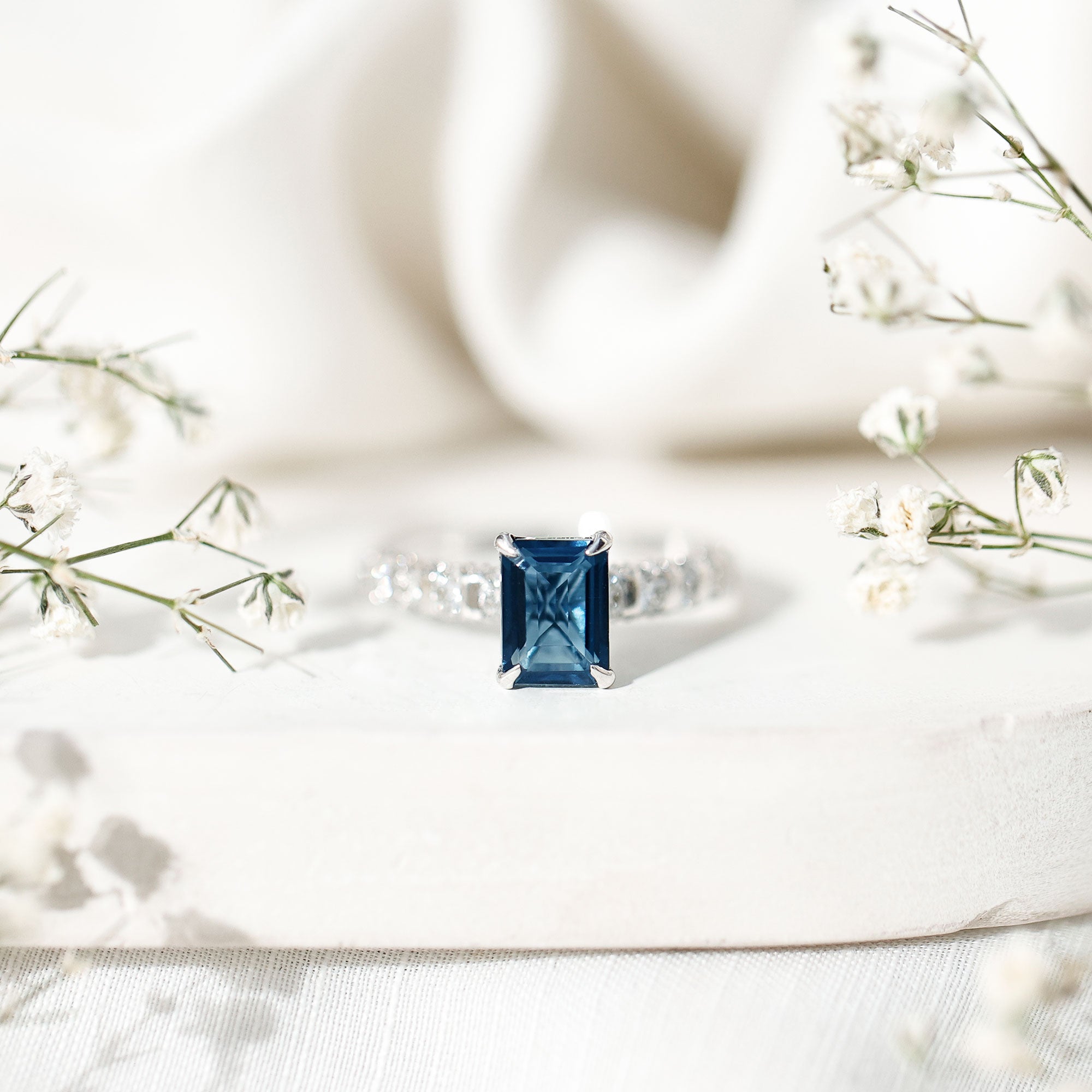 2.25 Carat Emerald Cut London Blue Topaz Engagement Ring with Diamond Side Stones AAA - Rosec Jewels