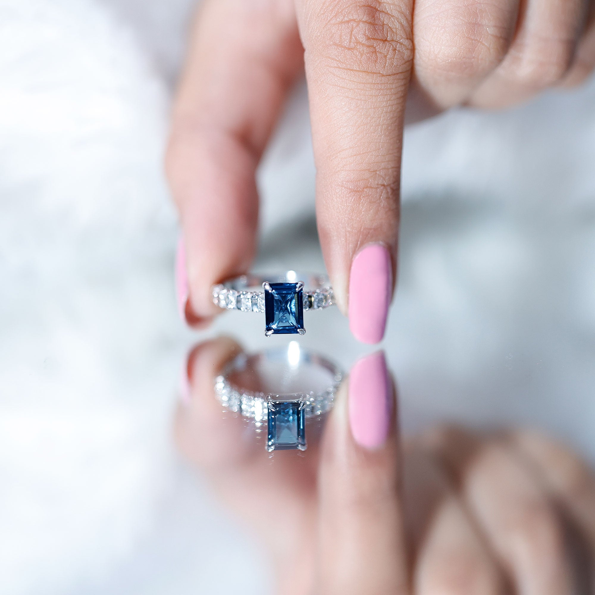 2.25 Carat Emerald Cut London Blue Topaz Engagement Ring with Diamond Side Stones AAA - Rosec Jewels