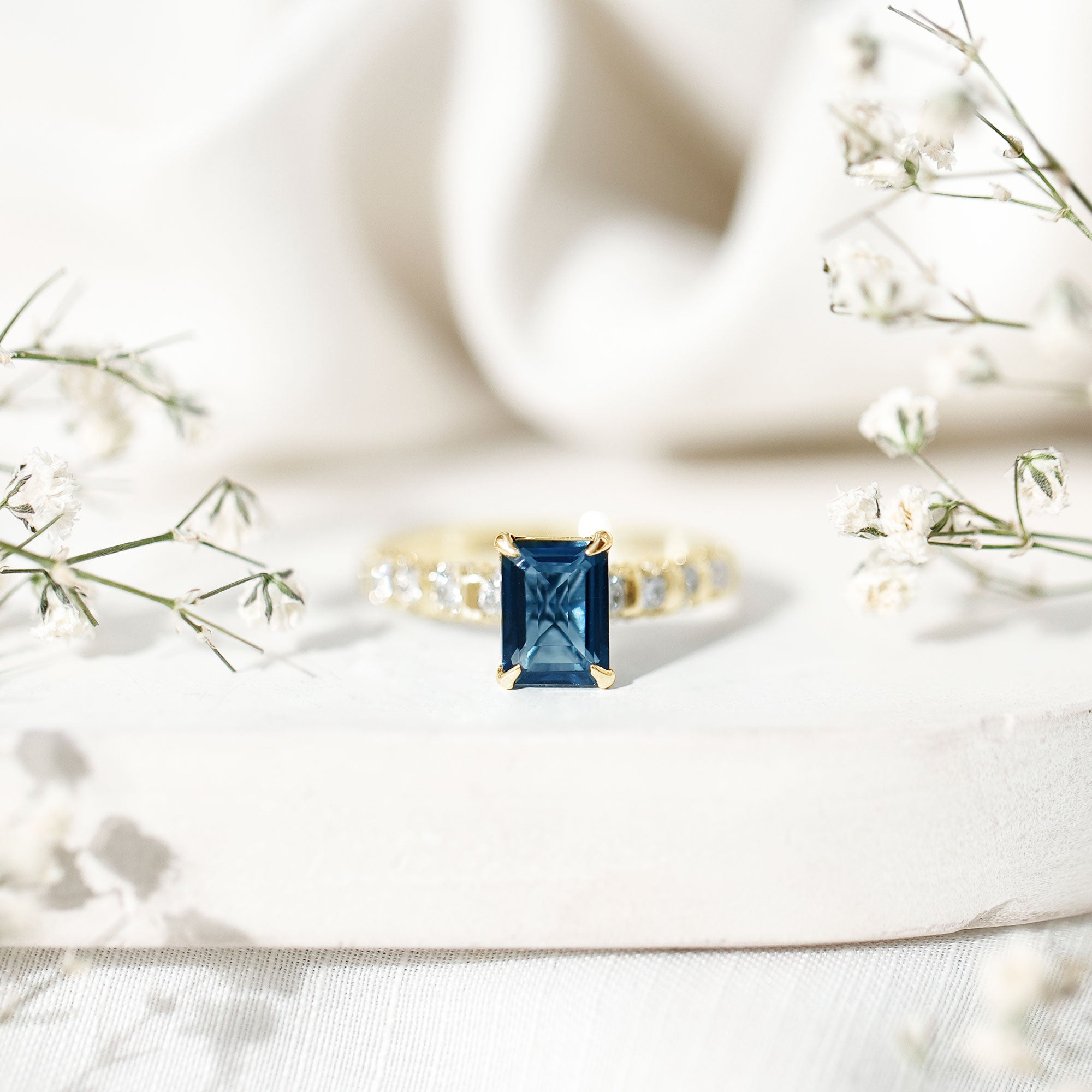 2.25 Carat Emerald Cut London Blue Topaz Engagement Ring with Diamond Side Stones AAA - Rosec Jewels