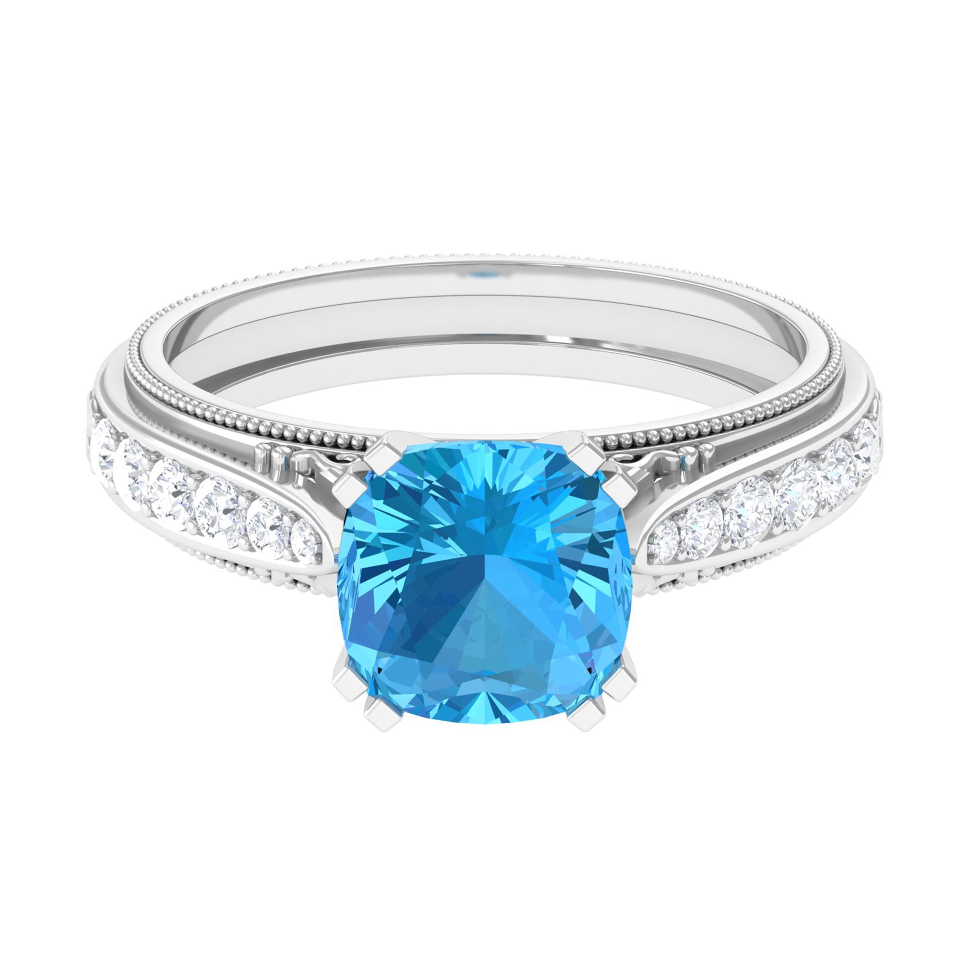 3 CT Cushion Cut Swiss Blue Topaz Vintage Engagement Ring with Side Stones