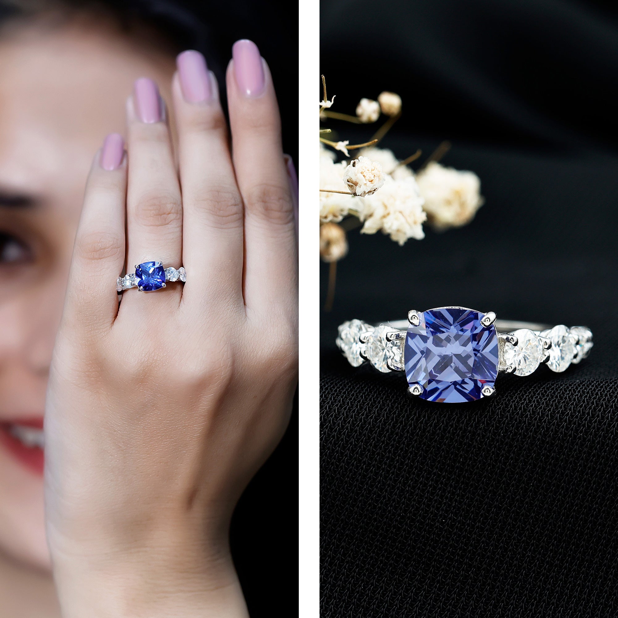 Certified 2.75 Carat Lab Grown Blue Sapphire Cushion Cut Engagement Ring with Moissanite AAAA - Rosec Jewels