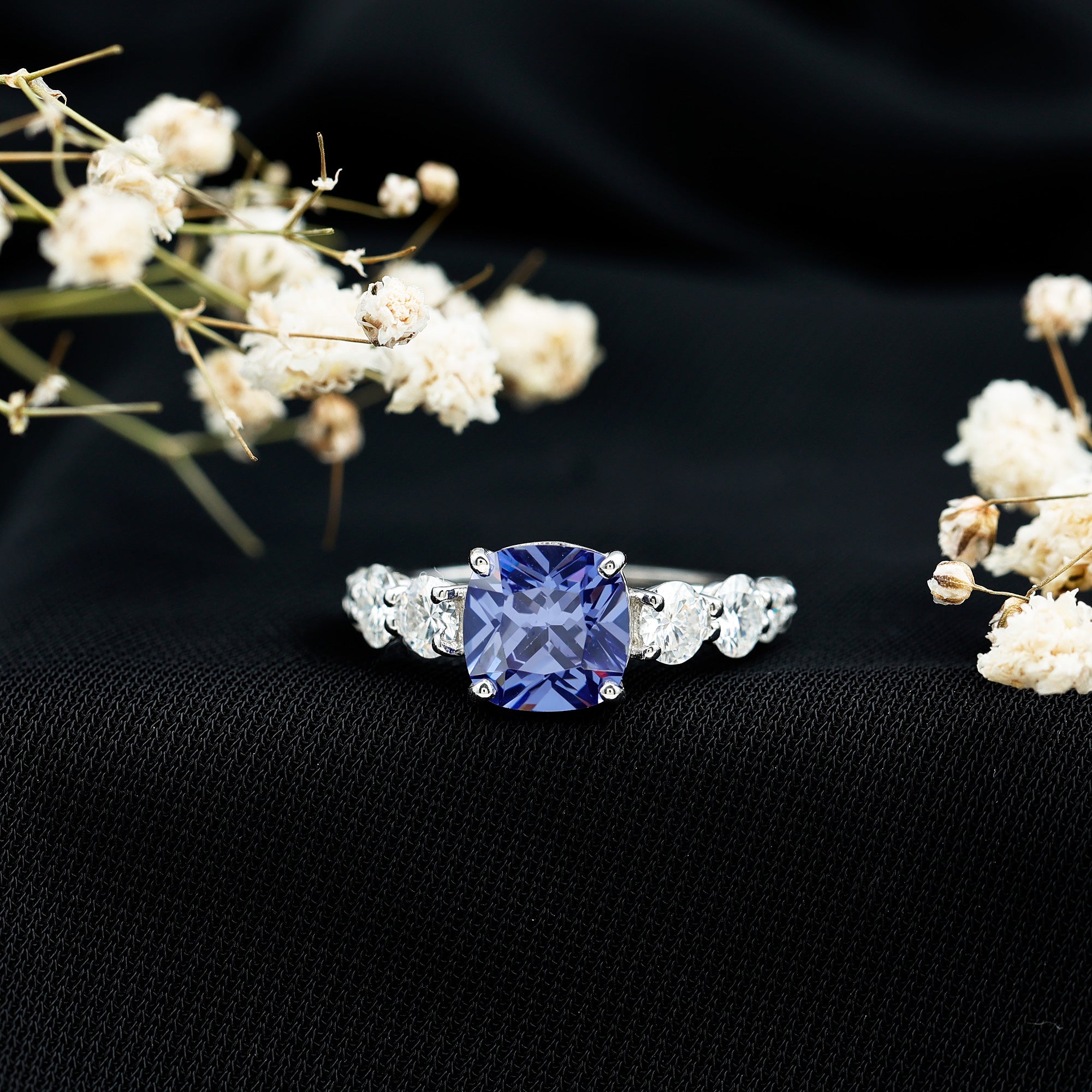Certified 2.75 Carat Lab Grown Blue Sapphire Cushion Cut Engagement Ring with Moissanite AAAA - Rosec Jewels